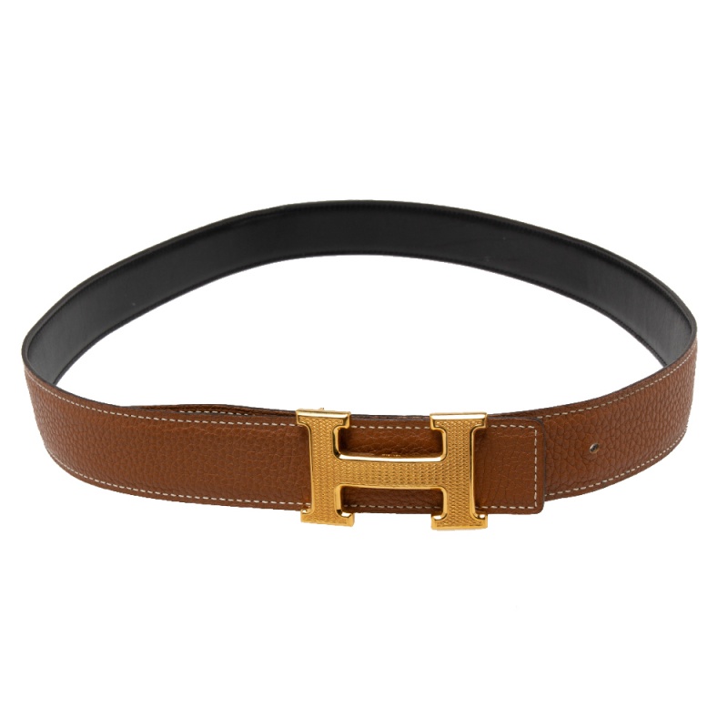 

Hermes Black/Brown Box Calf and Togo Leather Guillochee Finish H Buckle Reversible Belt Size