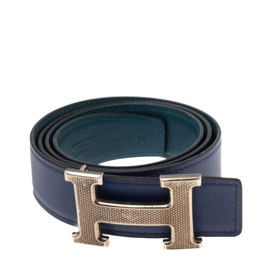

Hermes Bleu Encre/Colvert Epsom and Swift Leather Guillochee Finish H Reversible Buckle Belt, Blue