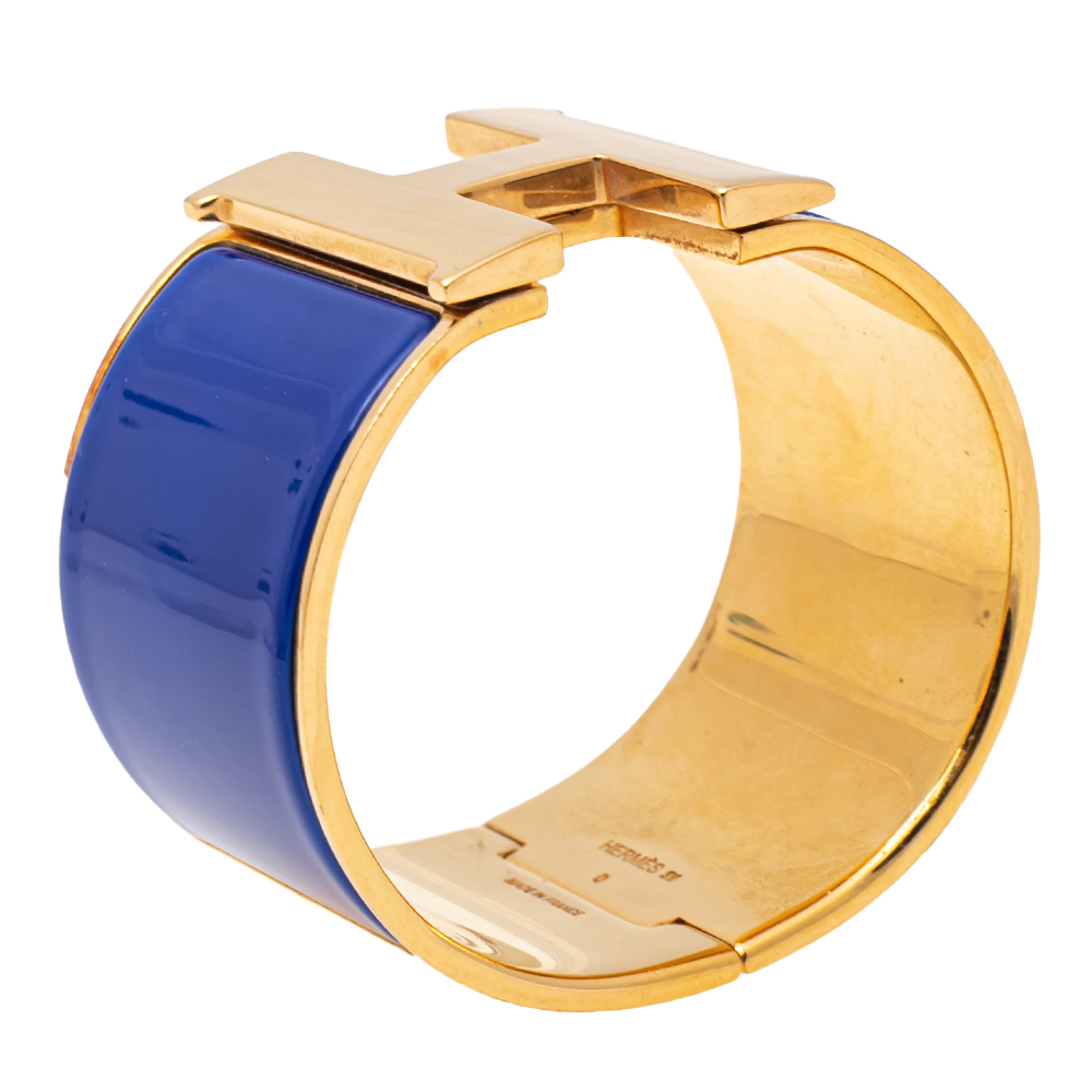 

Hermès Clic Clac H Blue Enamel Gold Plated Extra Wide Bracelet PM