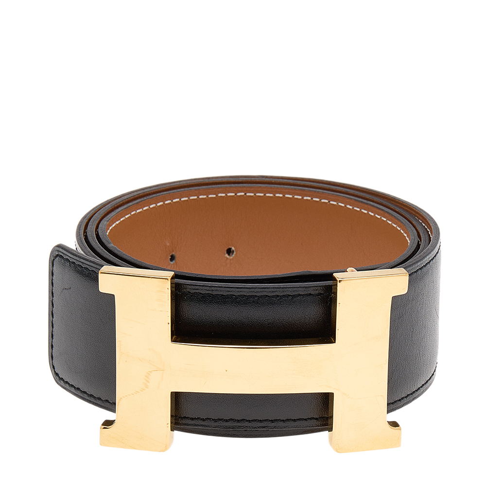

Hermès Noir/Gold Box Calf Leather Constance Reversible Belt, Black
