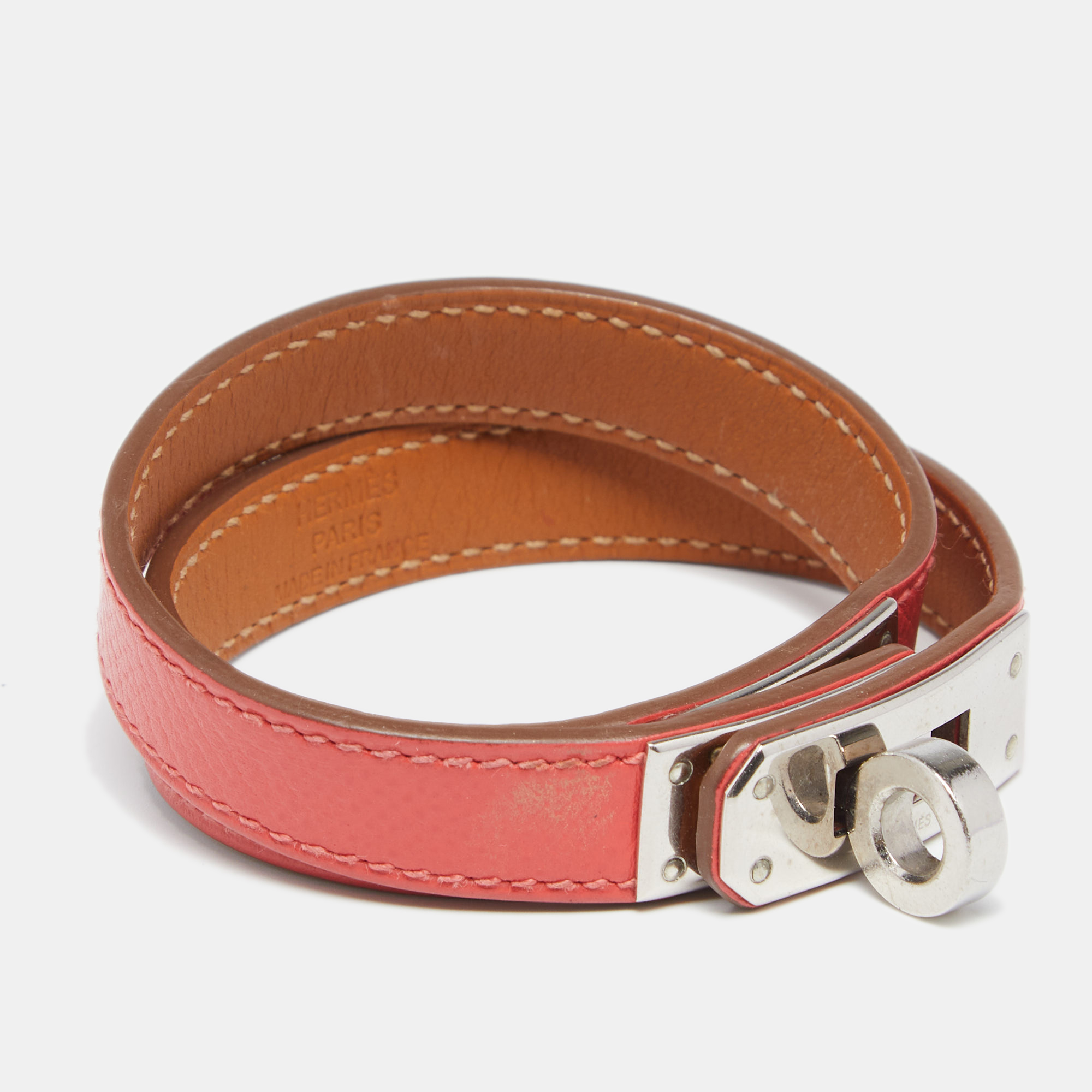 

Hermès Coral Red Palladium Plated Kelly Double Tour Wrap Bracelet