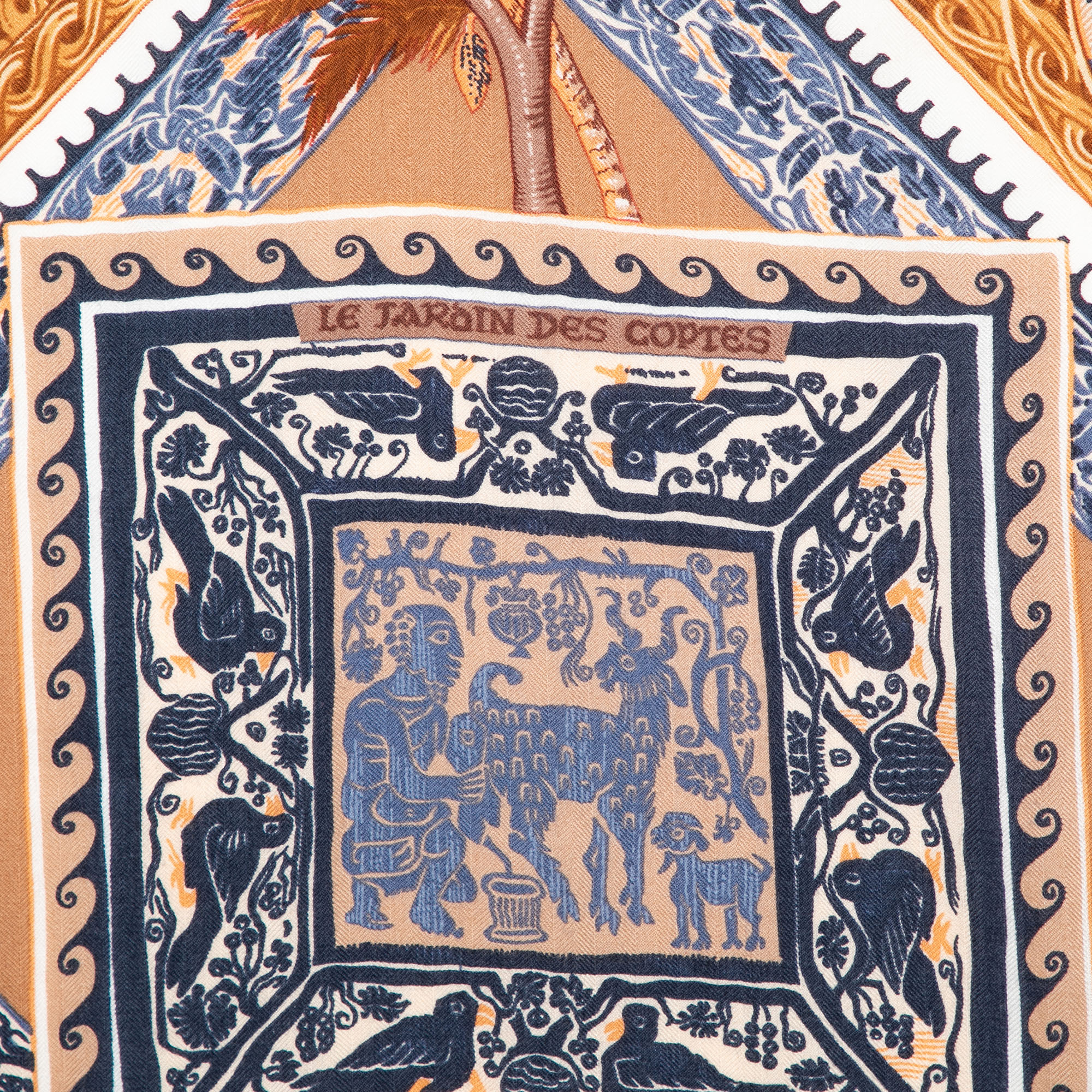 

Hermès Brown & Blue Le Jardin Des Coptes Cashmere Silk Scarf