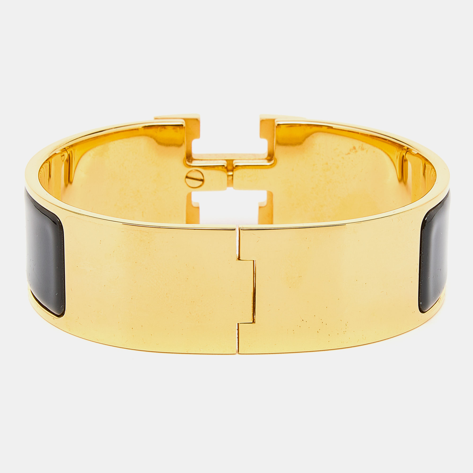 

Hermès Clic Clac H Black Enamel Gold Plated Wide Bracelet