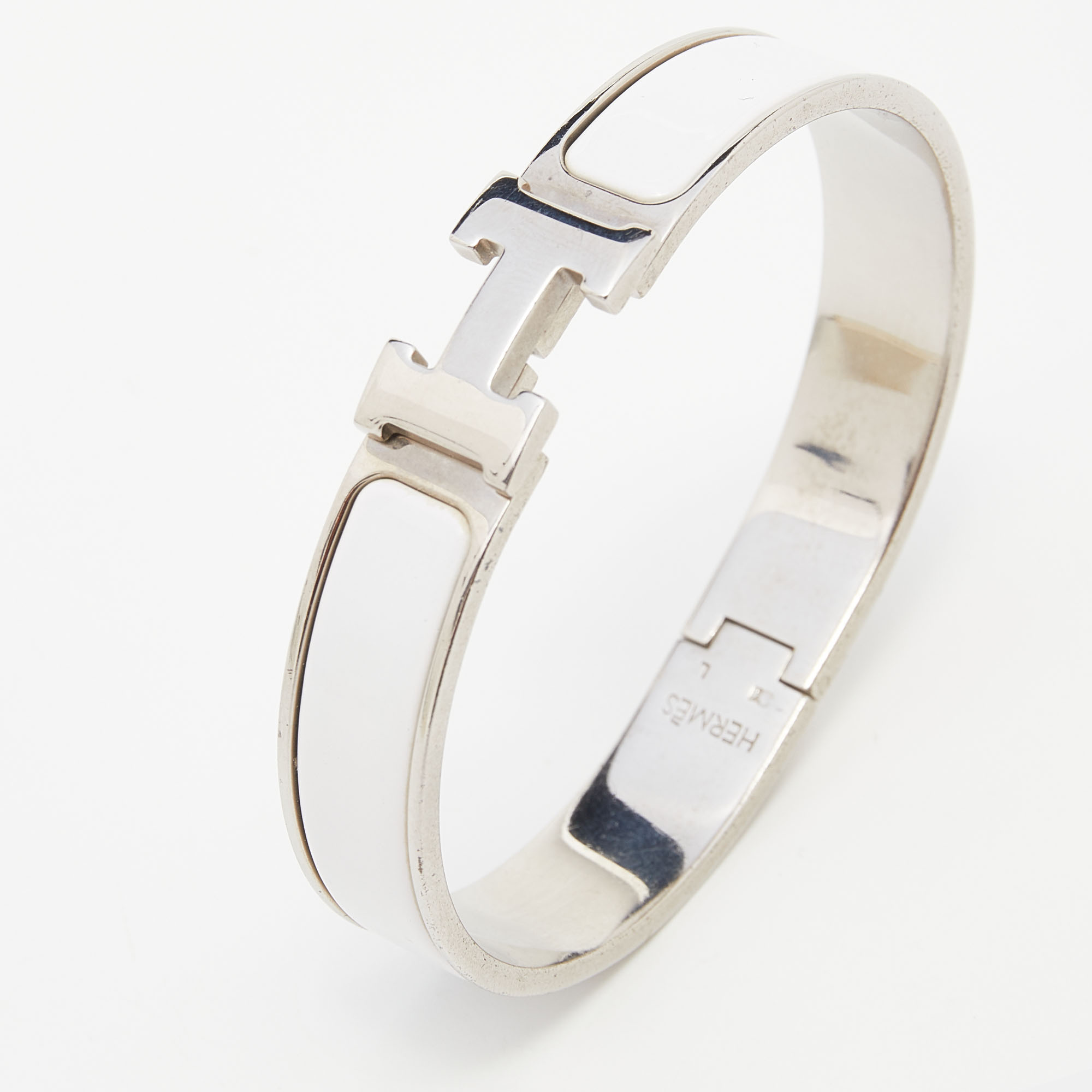 

Hermes Clic H White Enamel Palladium Plated Metal Bracelet