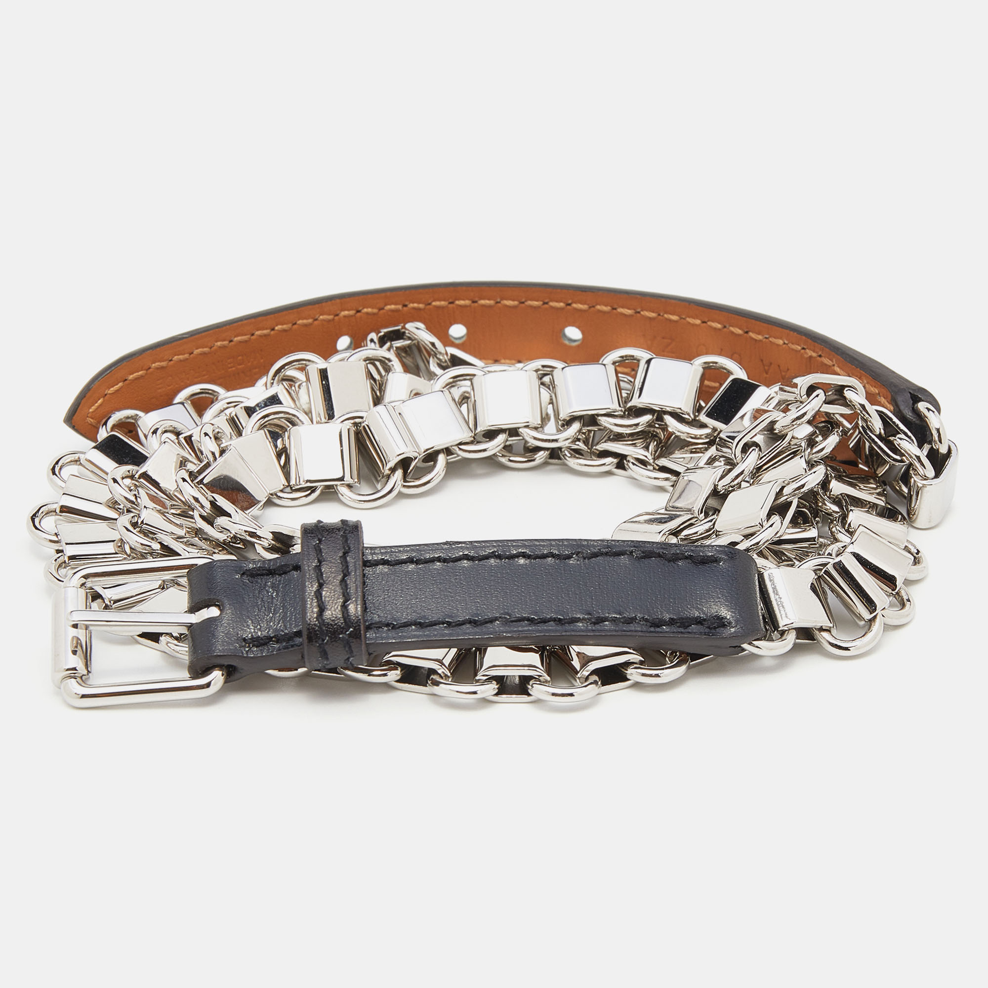 

Hermès Black Leather Palladium Plated Chain Link Belt 90