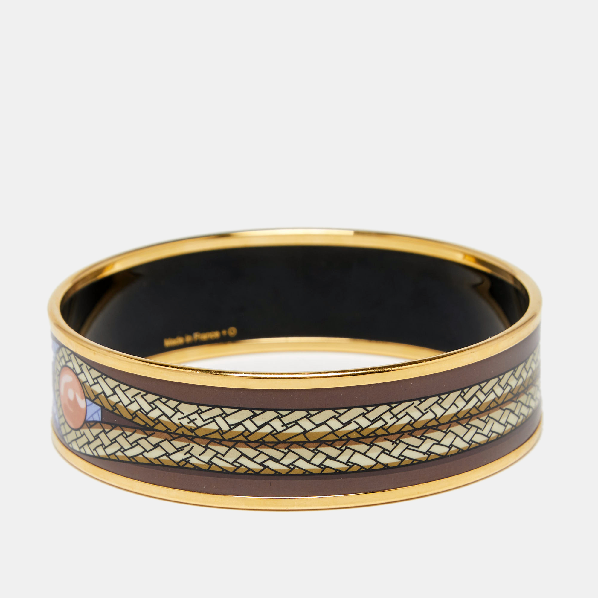 

Hermes Printed Enamel Gold Tone Metal Bangle Bracelet