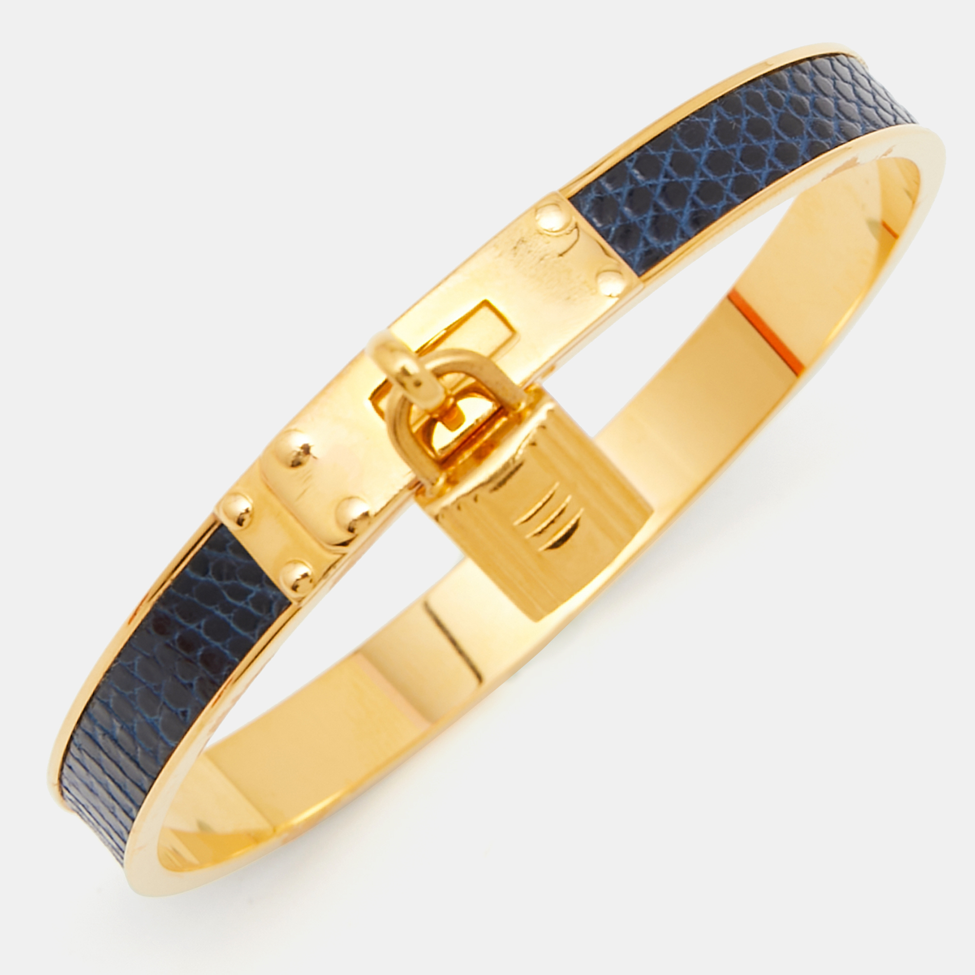 

Hermès Kelly Lock Cadena Blue Leather Gold Tone Metal Bangle Bracelet