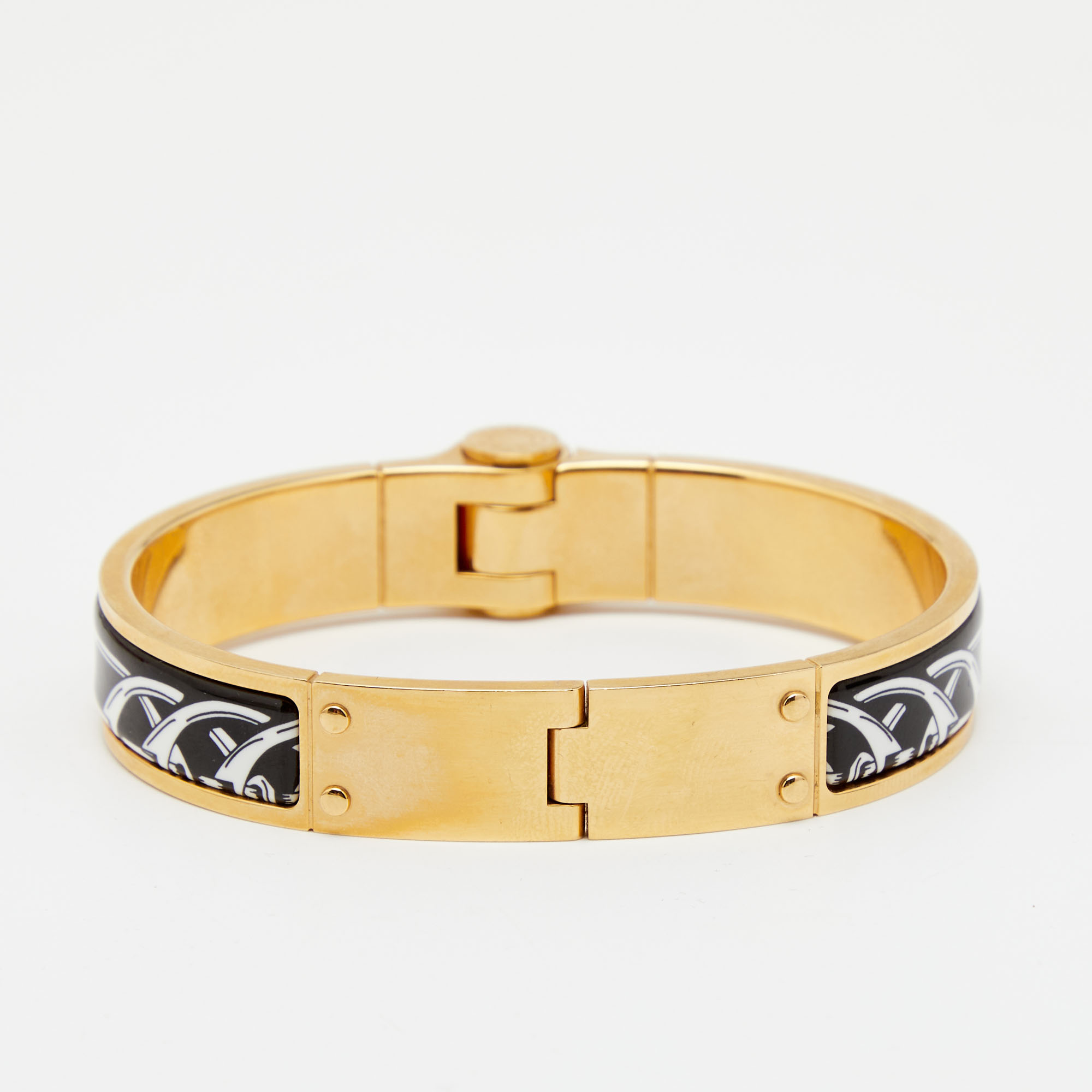 

Hermes Les Chaines Hinged Black/White Enamel Gold Tone Metal Bracelet