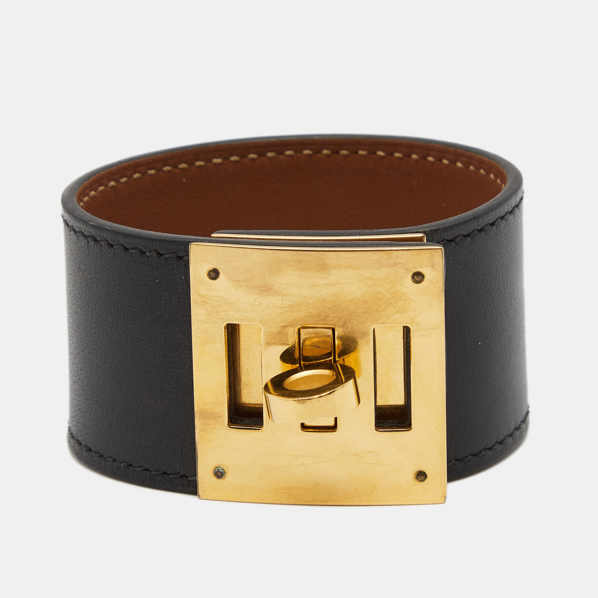 Hermes Black Swift Leather Gold Plated Kelly Dog Bracelet
