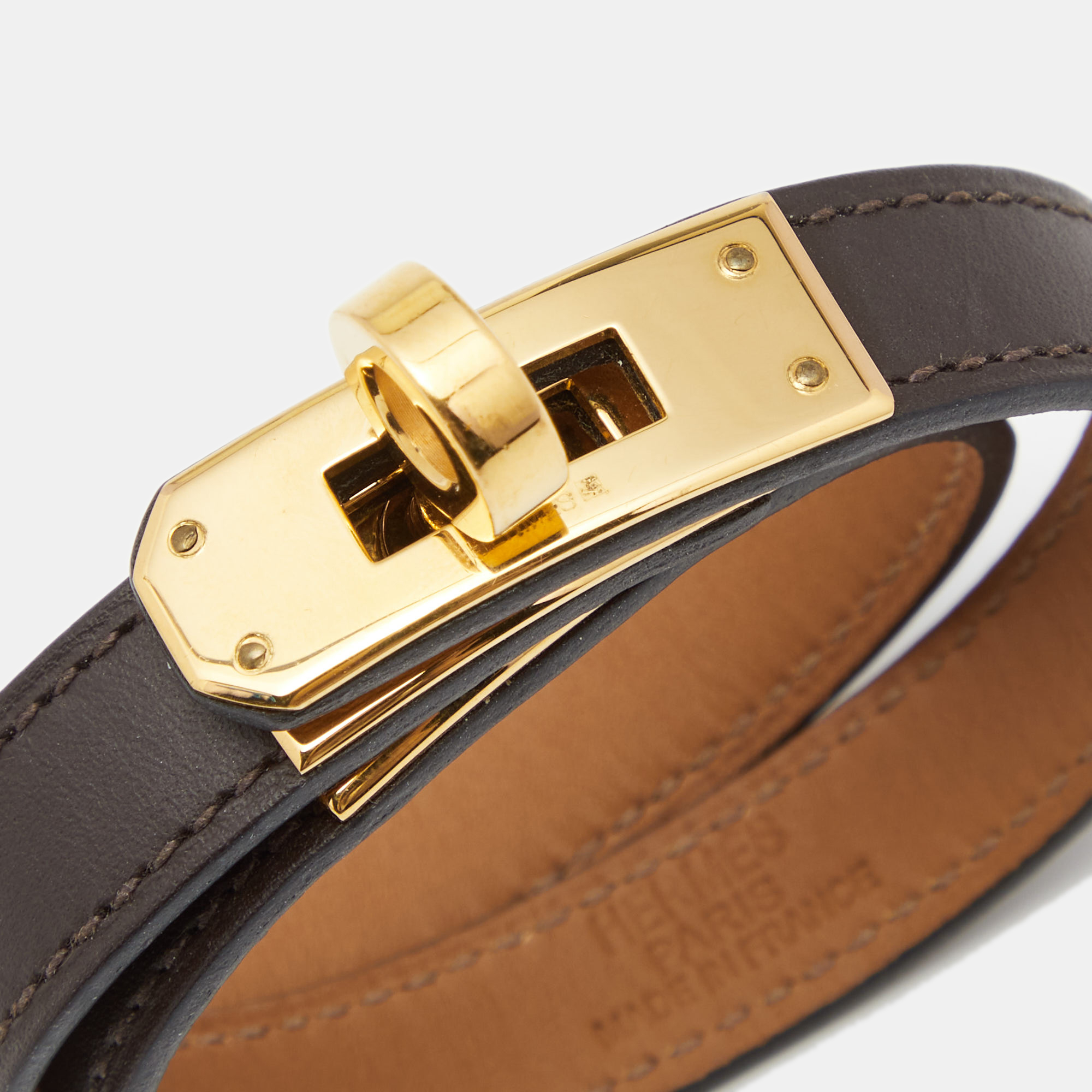 

Hermes Kelly Double Tour Brown Leather Gold Tone Wrap Bracelet