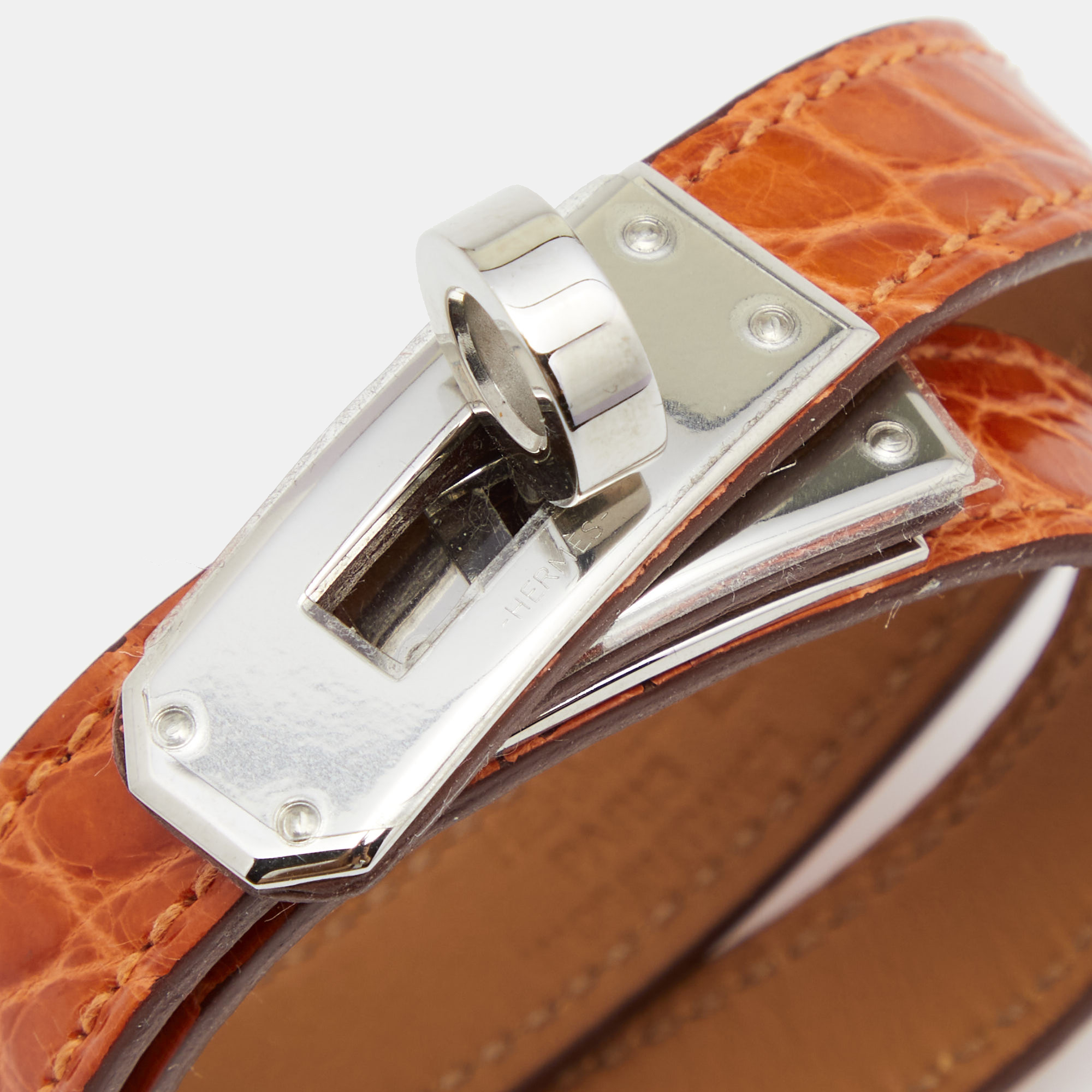 

Hermes Kelly Double Tour Orange Alligator Leather Silver Tone Wrap Bracelet