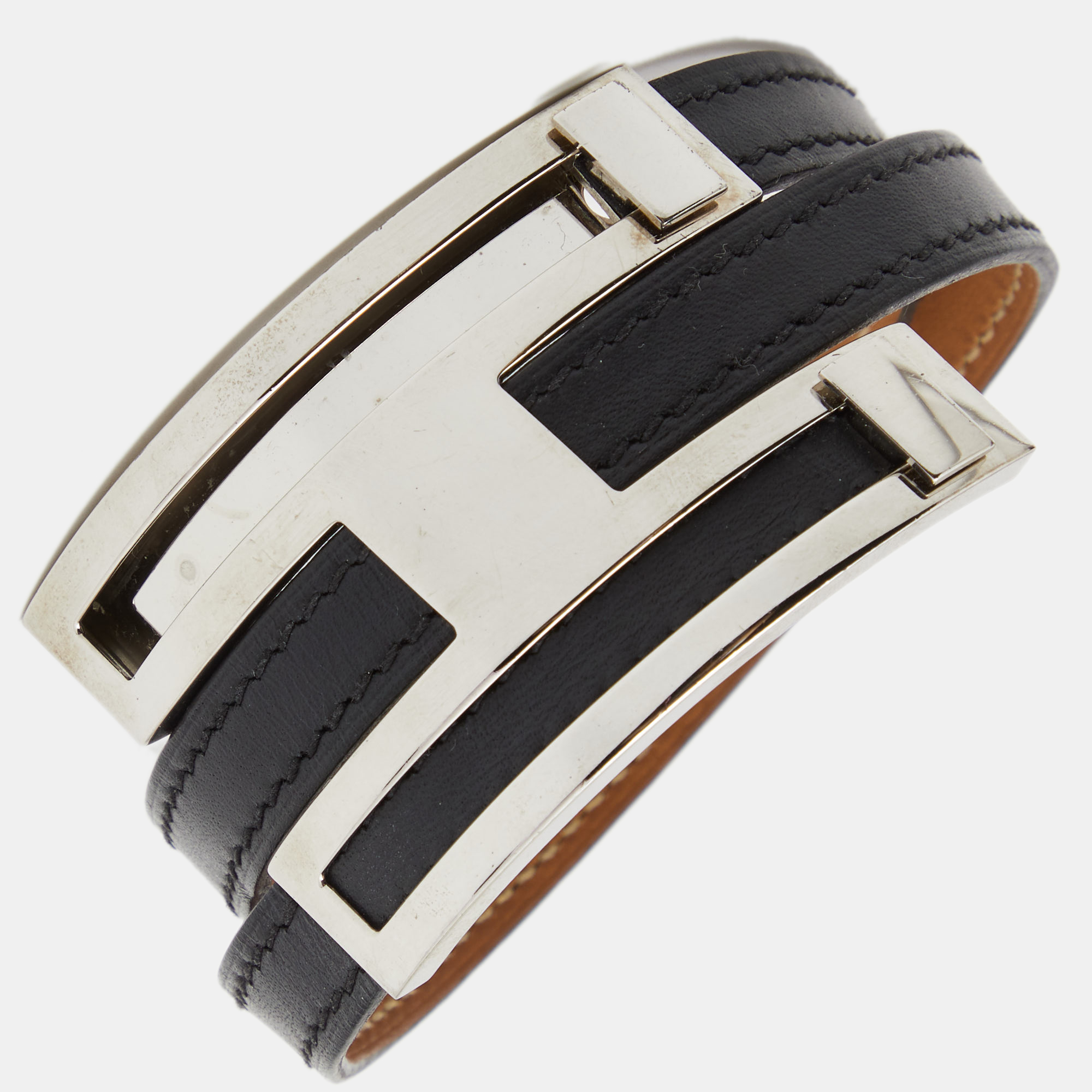 

Hermes Pousse Pousse Black Leather Palladium Plated Adjustable H Bracelet