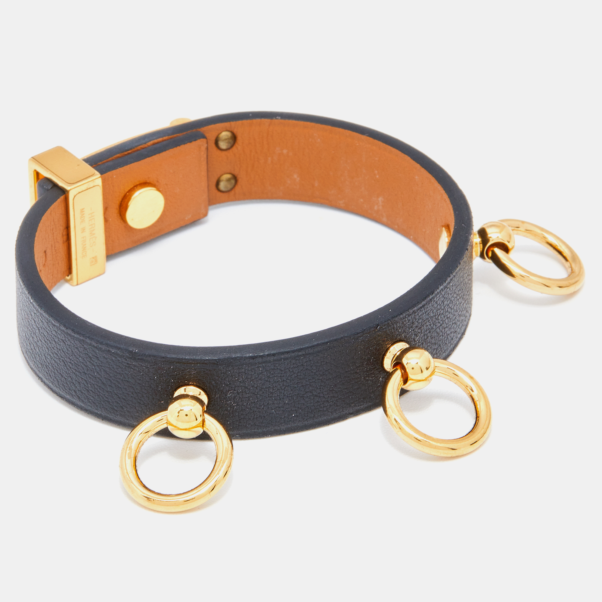 

Hermes Mini Dog Black Leather Gold Tone Bracelet