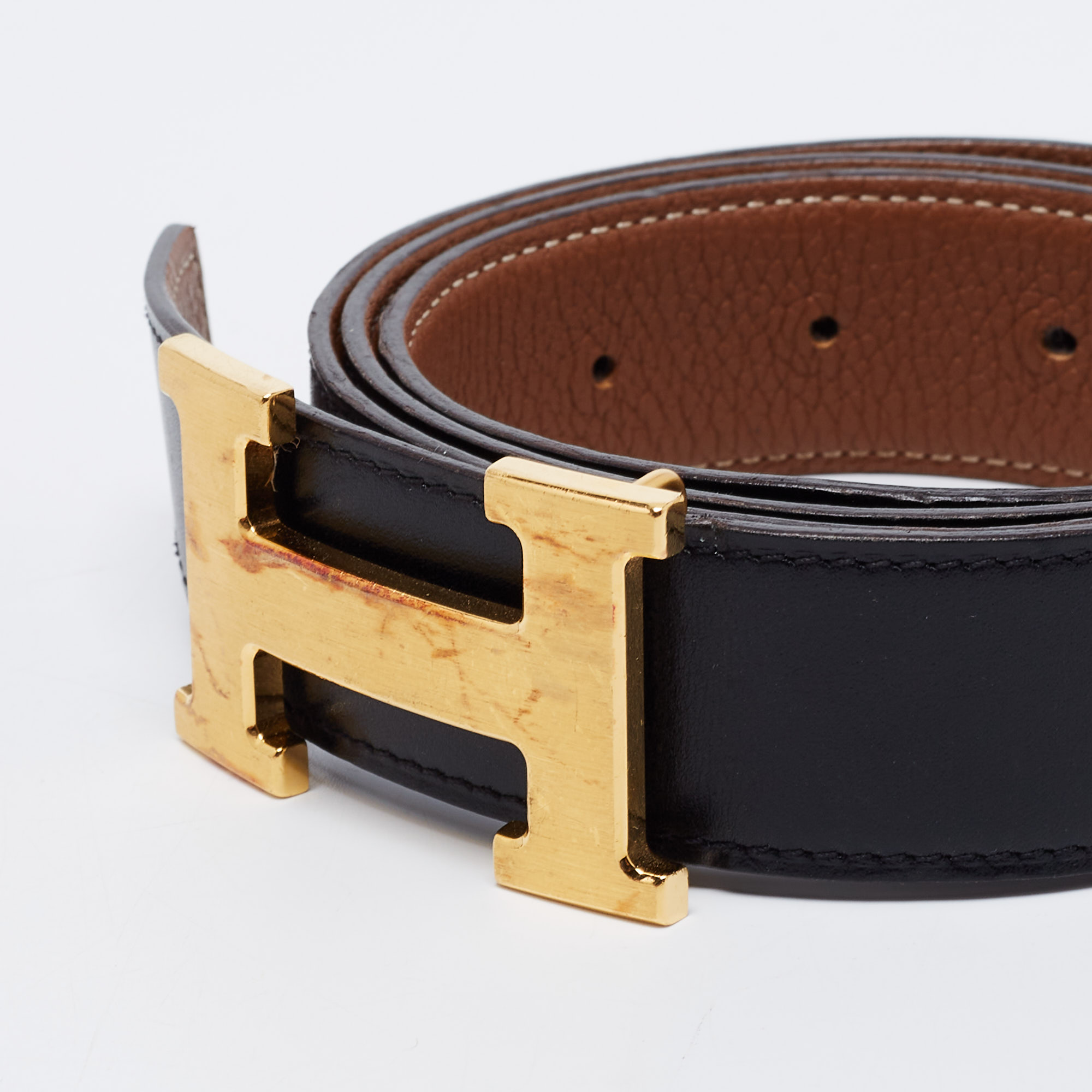 

Hermes Black/Gold Chamonix and Togo Leather Gold Finish Reversible H Buckle Belt