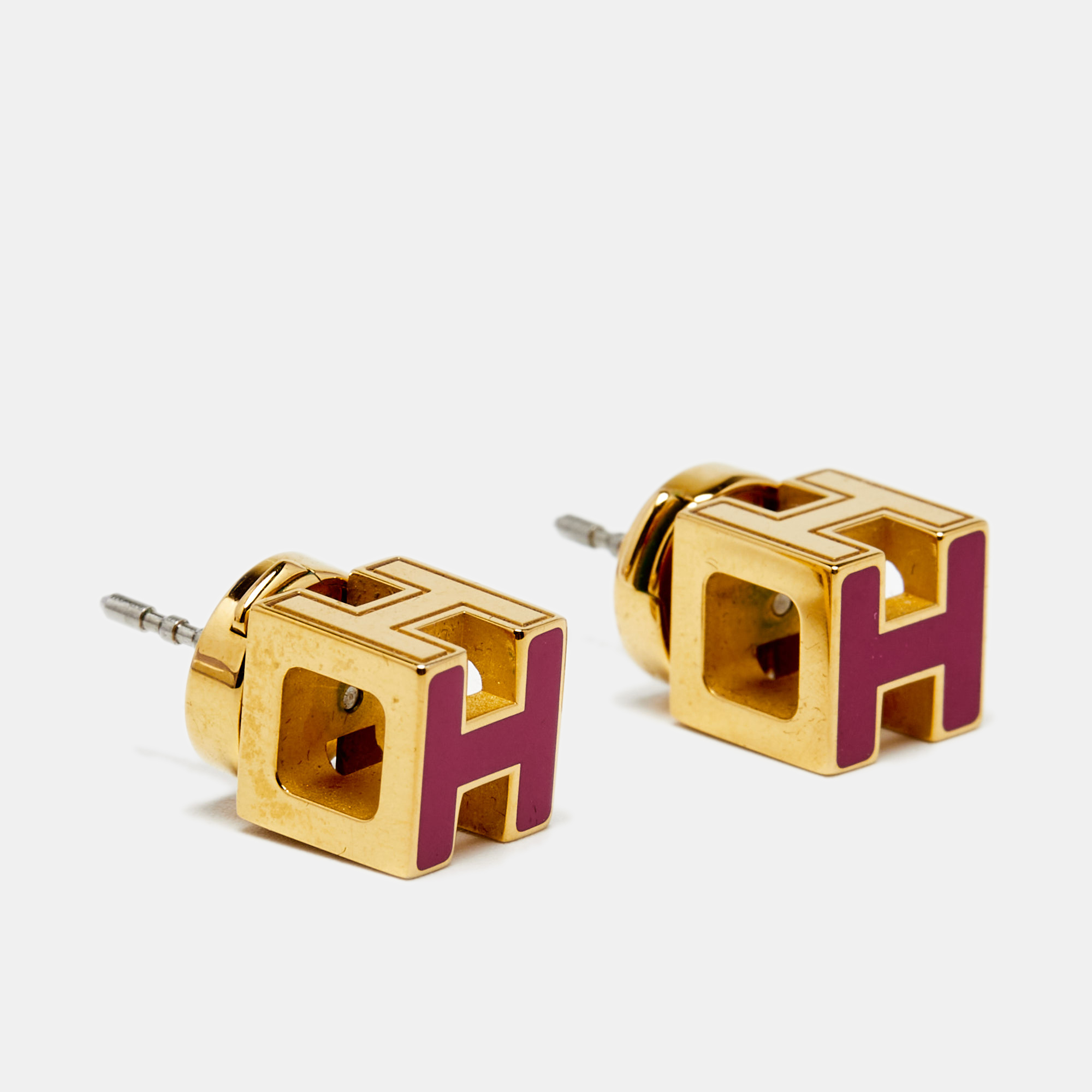 

Hermès Cage d'H Gold Plated Pink Lacquer Stud Earrings