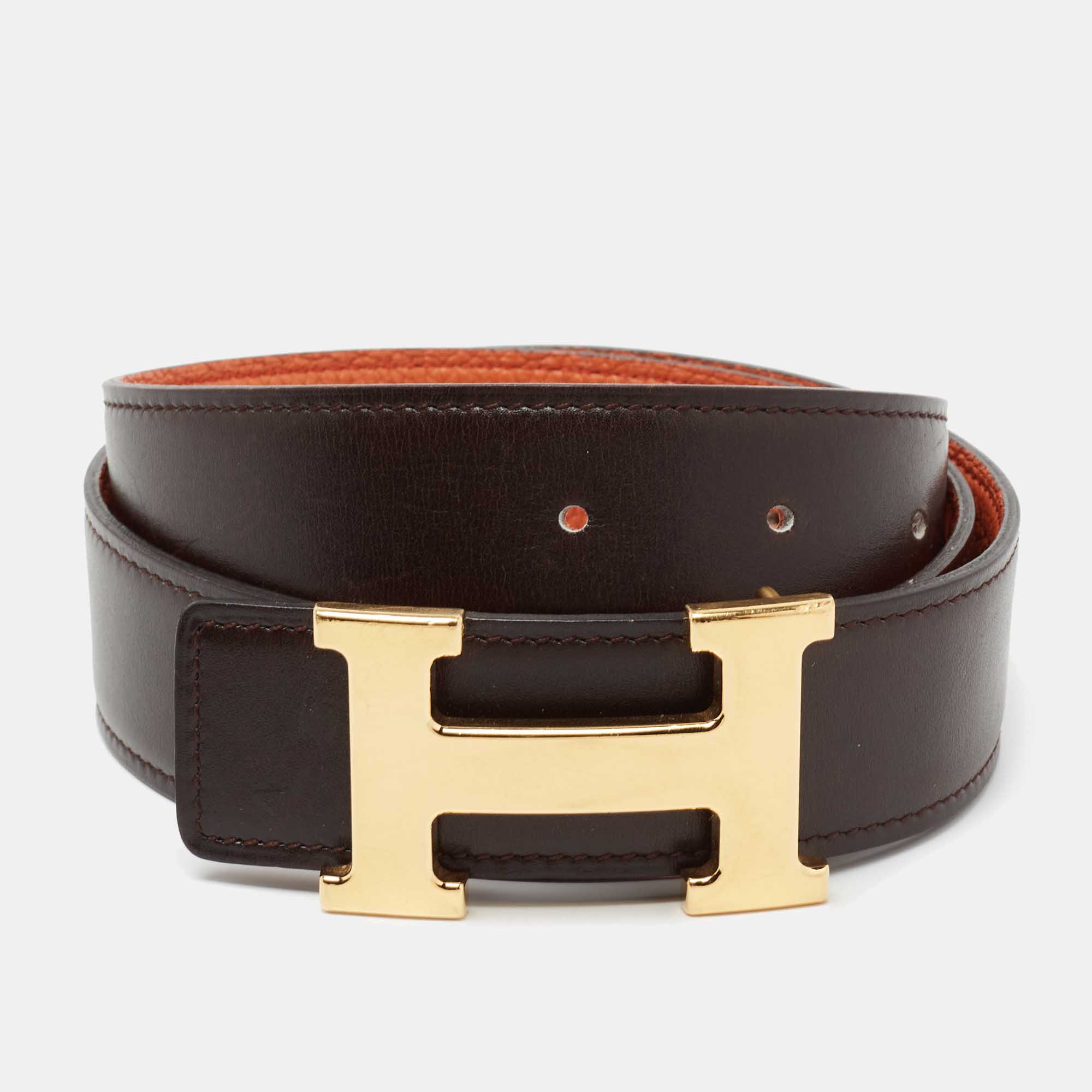 

Hermes Orange/Chocolat Togo and Box Leather H Buckle Reversible Belt