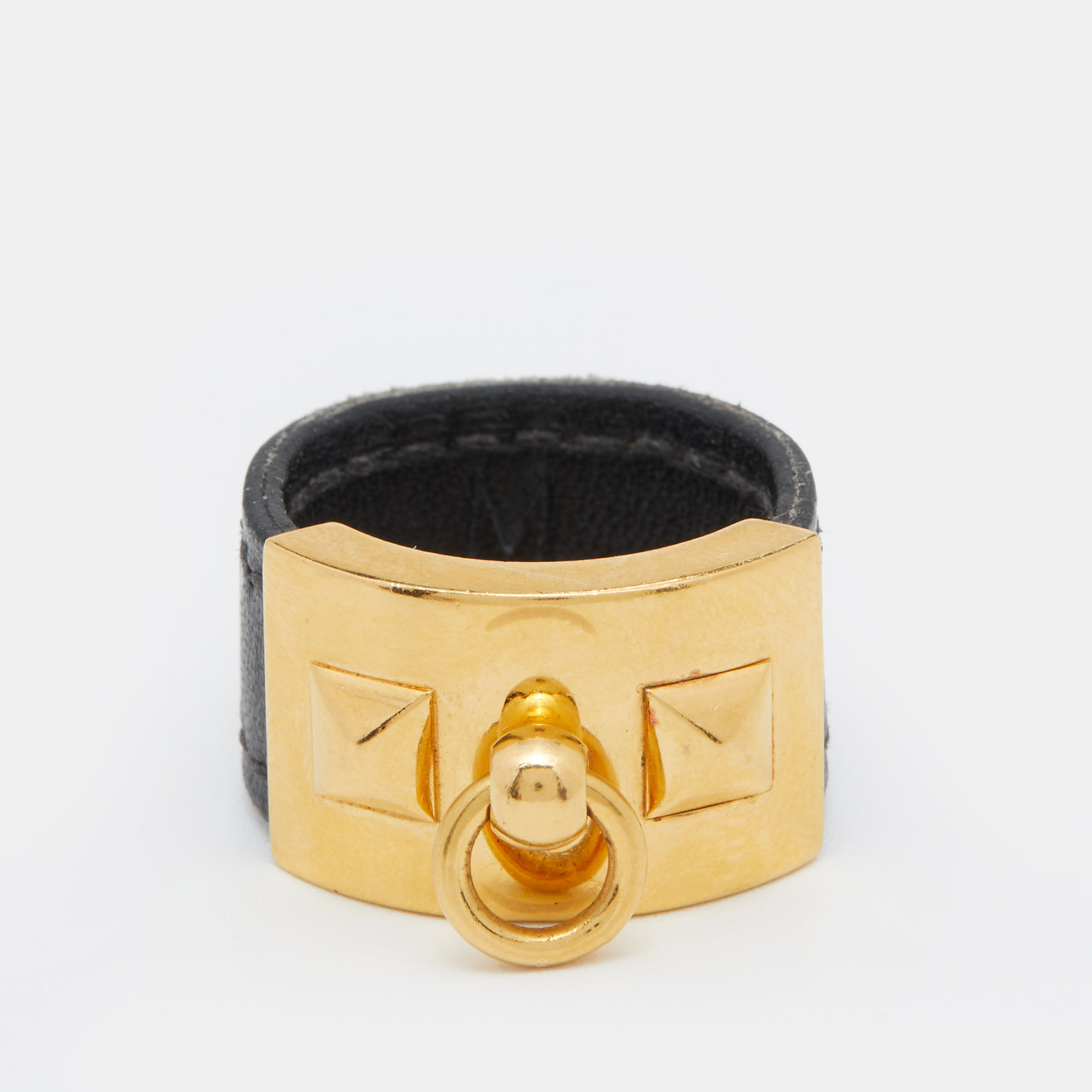 

Hermès Collier de Chien Gold Plated Black Leather Band Ring Size EU 57