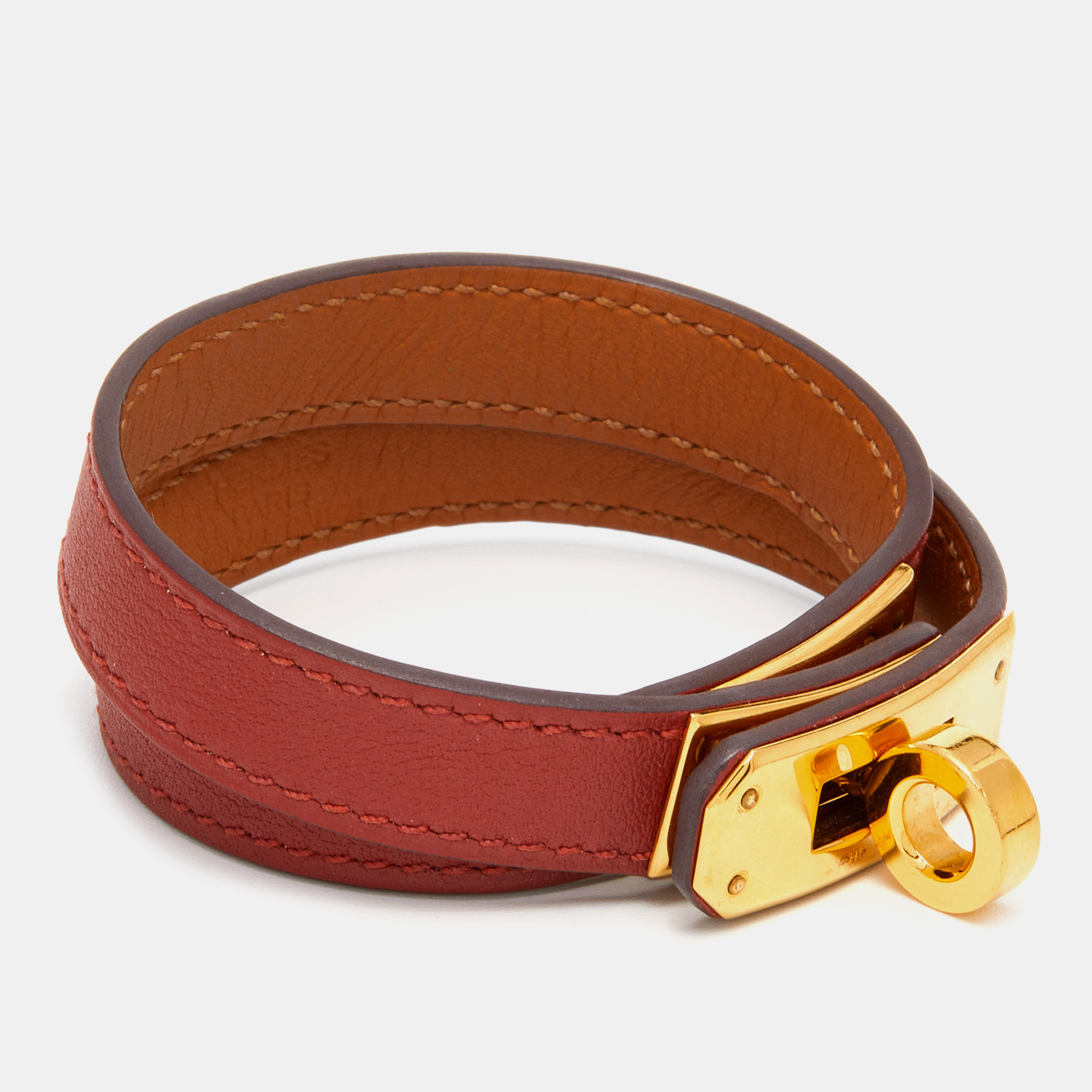 

Hermes Brown Leather Gold Plated Kelly Double Tour Bracelet