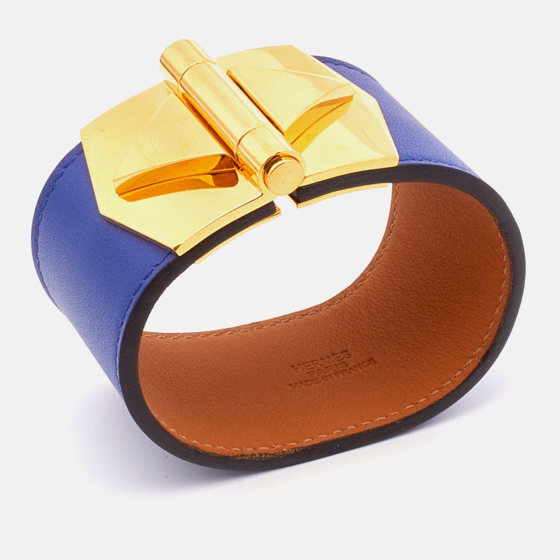 

Hermès Deep Blue Leather Gold Plated Bérénice Cuir Wrap Bracelet