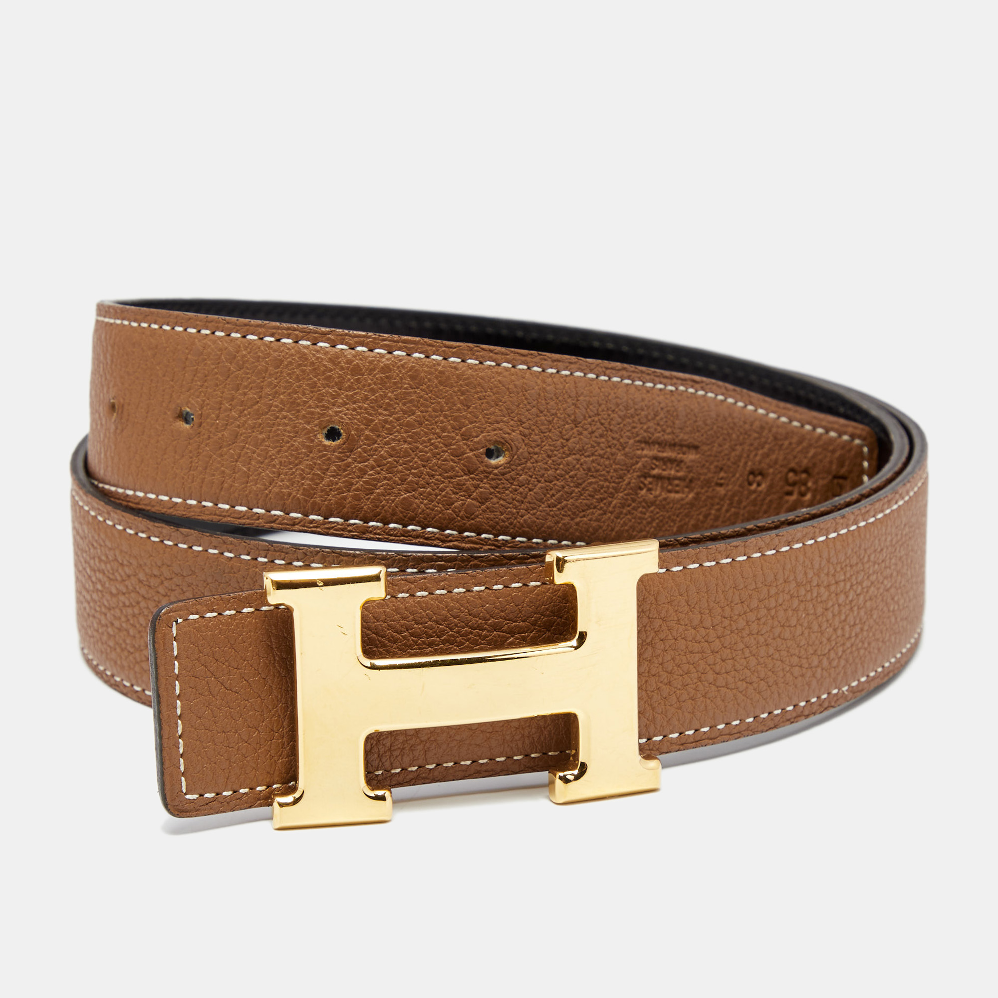 

Hermes Black/Gold Togo and Box Leather H Reversible Buckle Belt