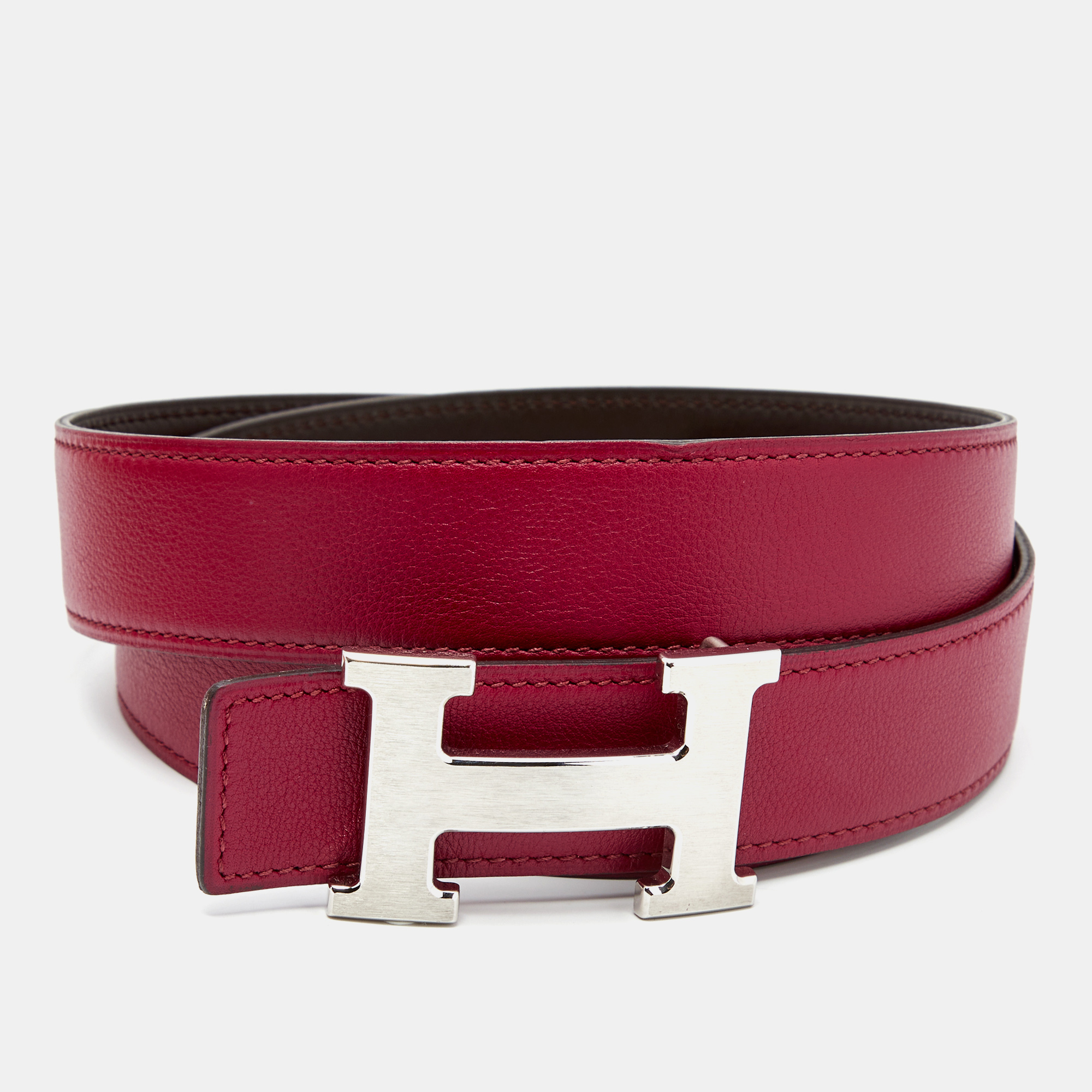 

Hermes Chocolat/Tosca Swift and Evergrain Leather H Buckle Reversible Belt, Brown