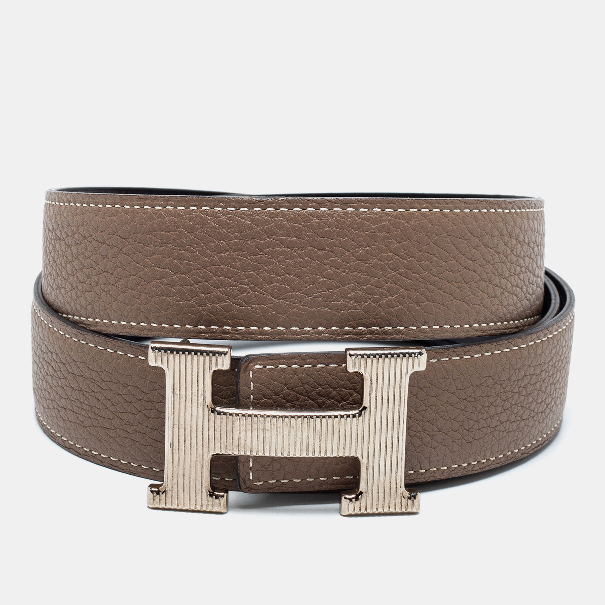 

Hermes Noir/Etoupe Chamonix and Togo Leather H Strie Reversible Belt, Black