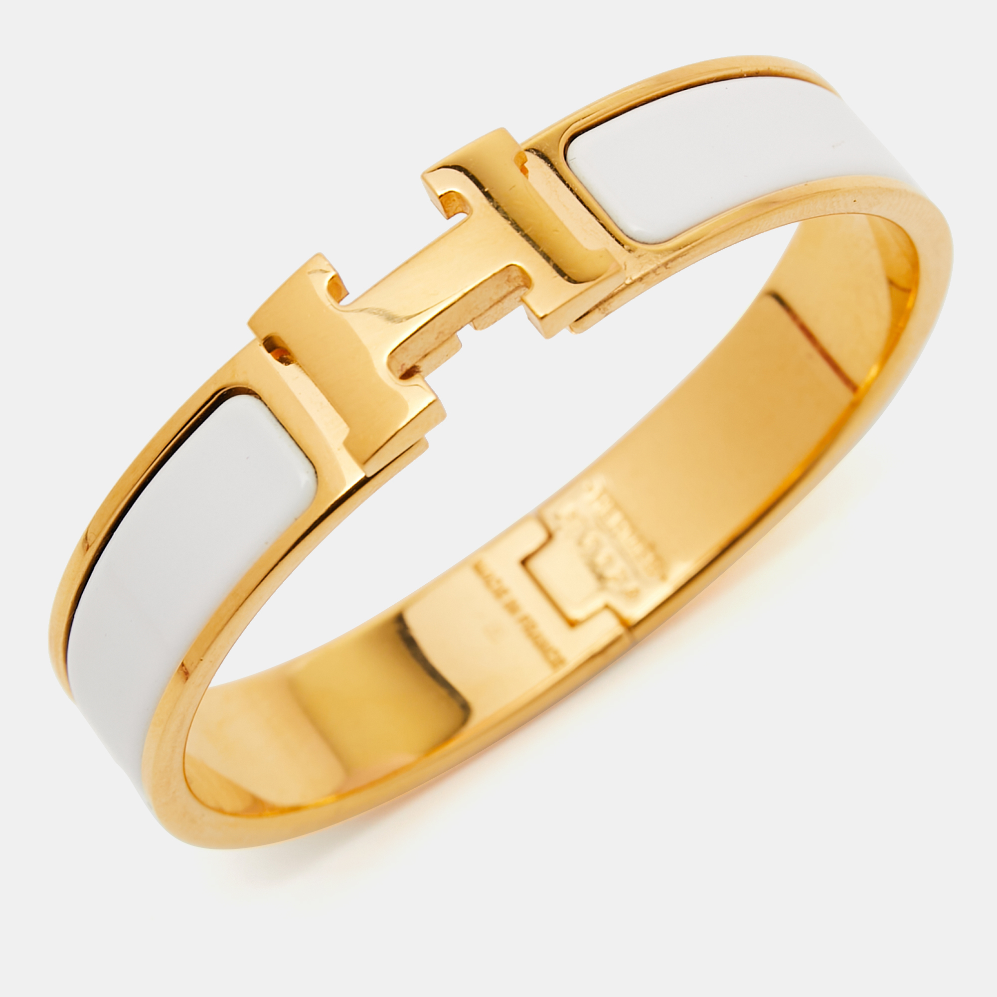 

Hermes Clic H White Enamel Gold Plated Narrow Bracelet