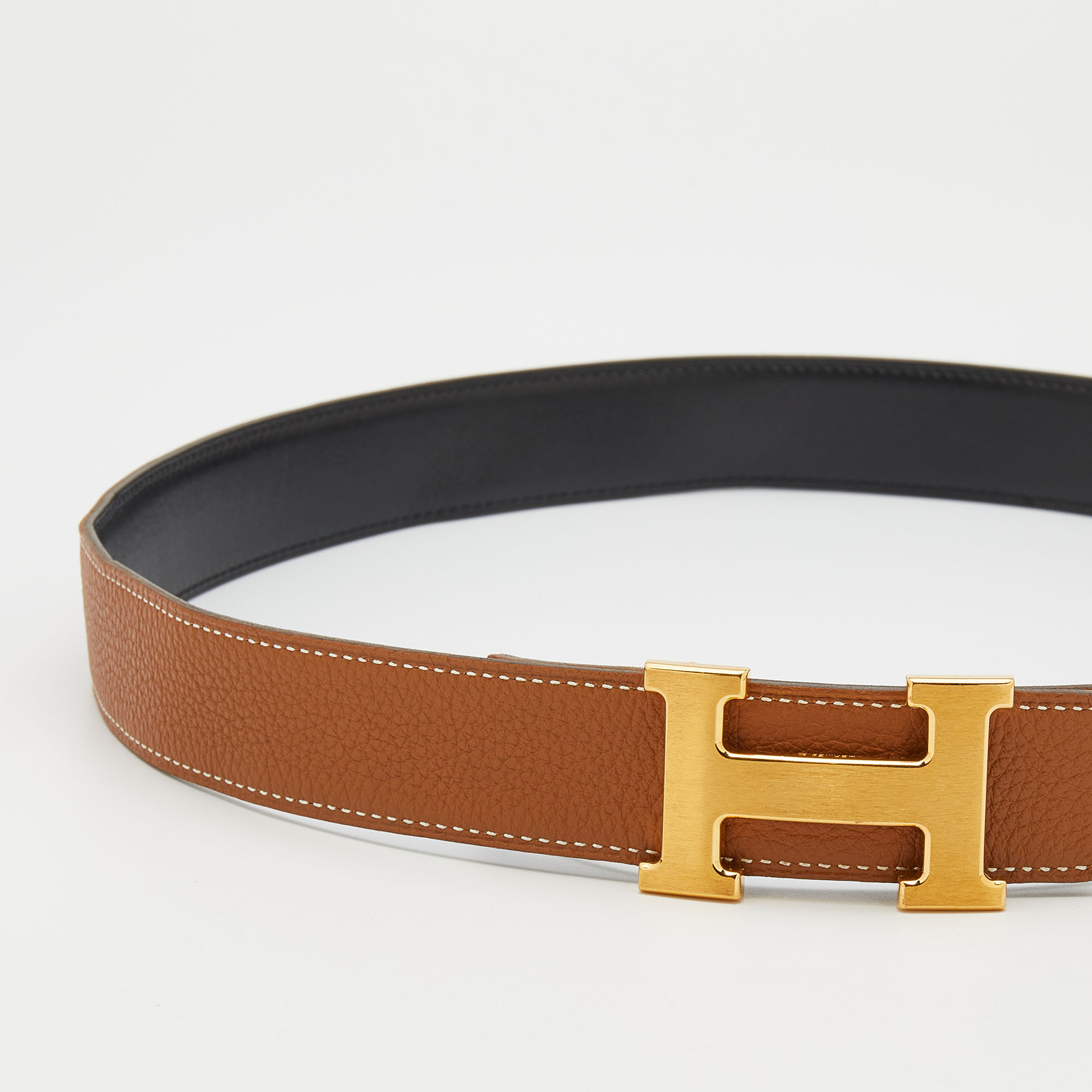 

Hermes Gold/Black Togo/Box Leather H Buckle Belt, Brown