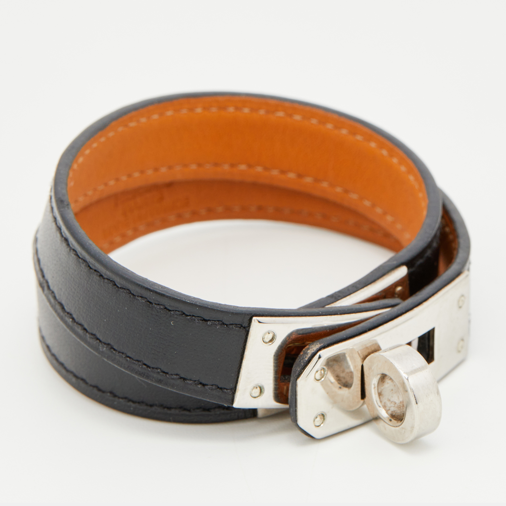 

Hermes Black Leather Palladium Plated Kelly Double Tour Bracelet