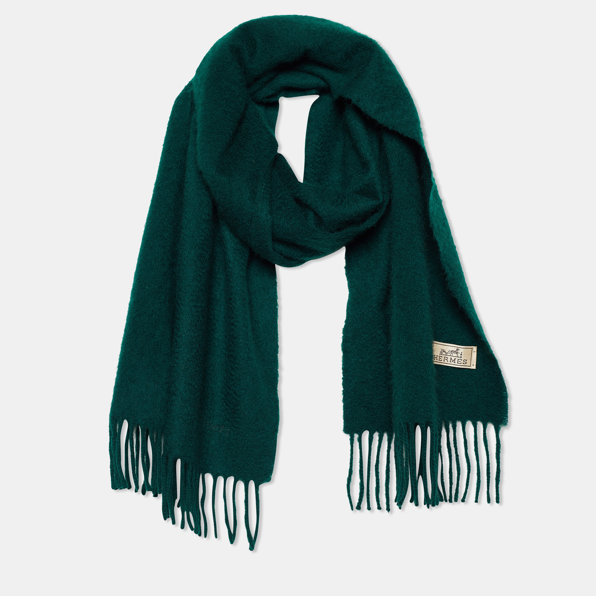 

Hermes Green Logo Embroidered Cashmere Fringed Scarf