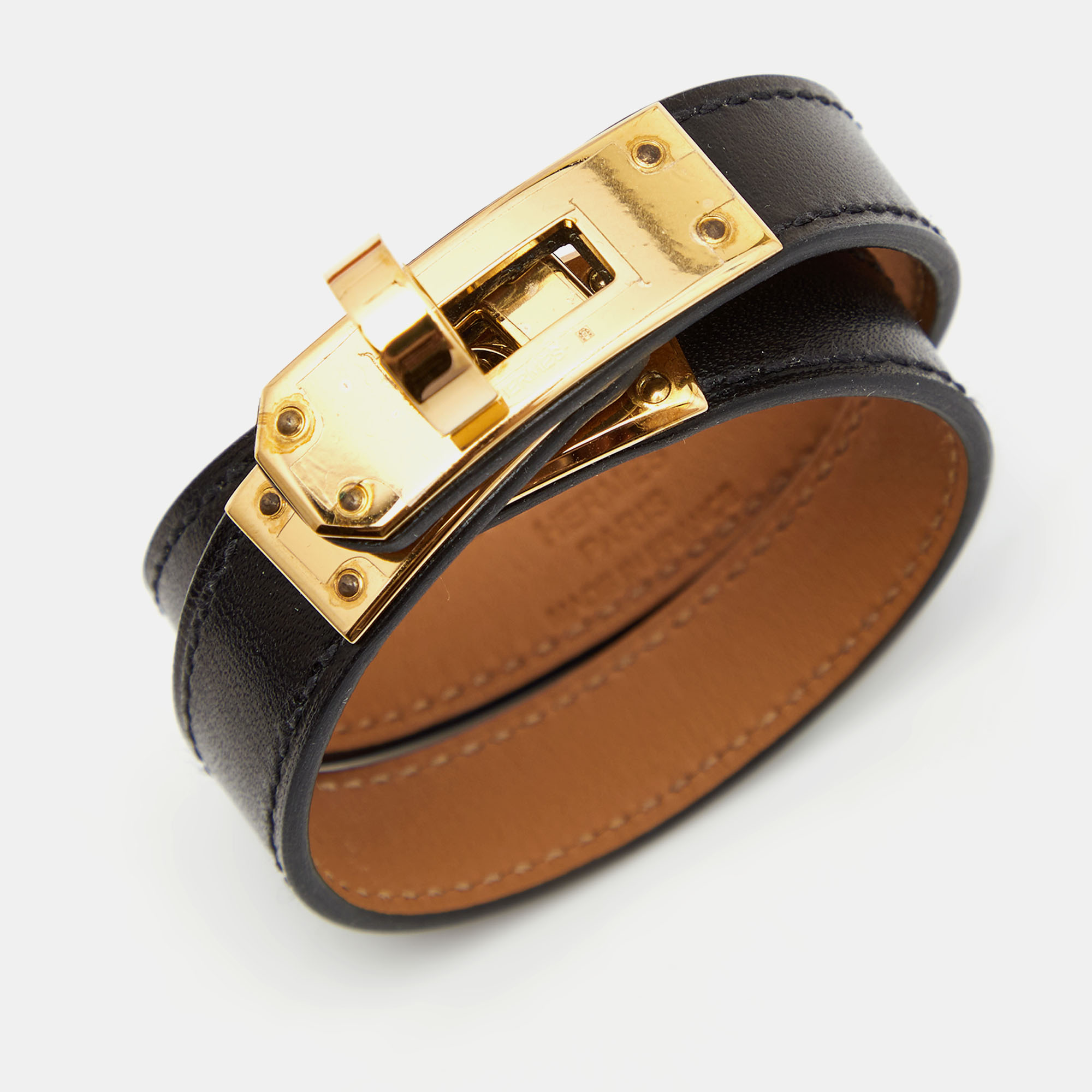 

Hermès Black Leather Gold Plated Kelly Double Tour Bracelet