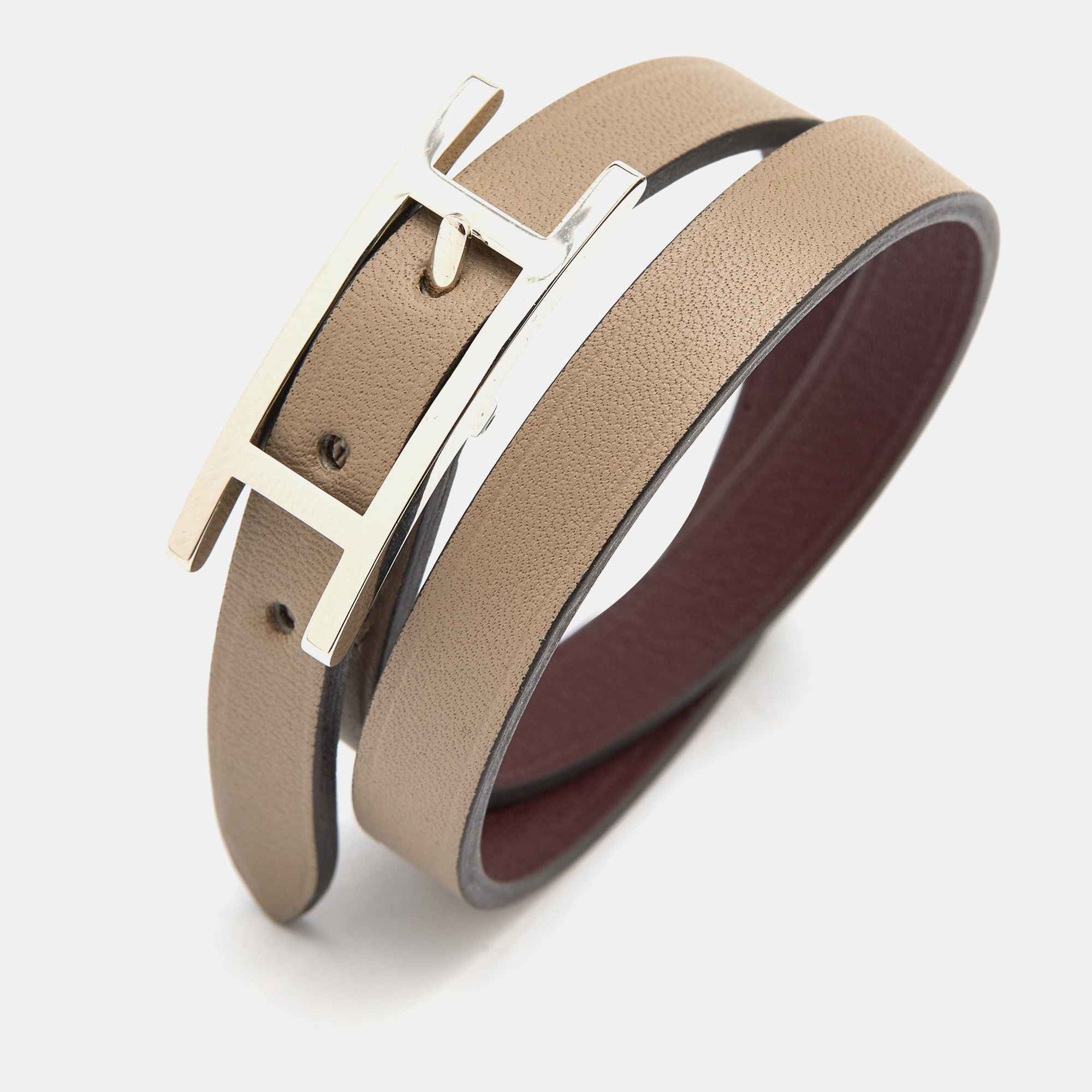 

Hermès Taupe/Burgundy Leather Reversible Behapi Double Tour Bracelet