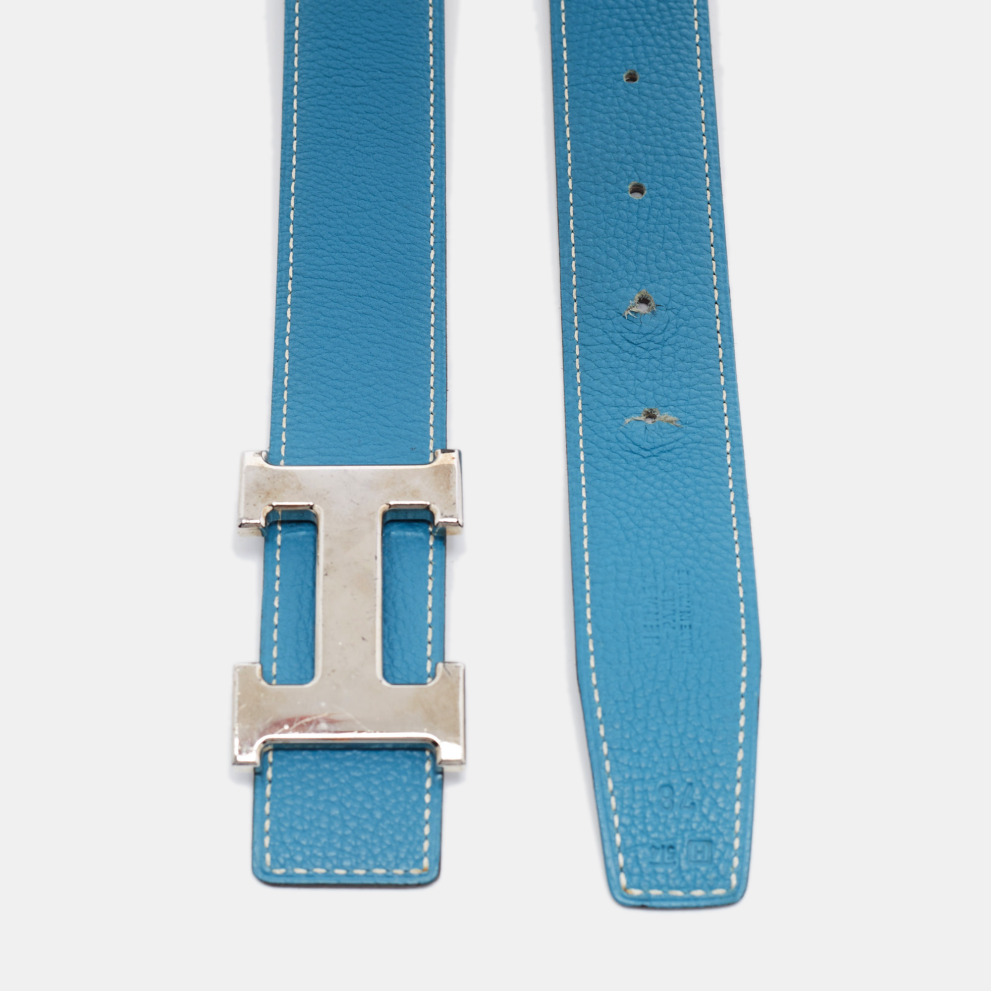 

Hermes Bleu Jean/Black Box and Togo Leather Palladium Finish Reversible H Buckle Belt, Blue