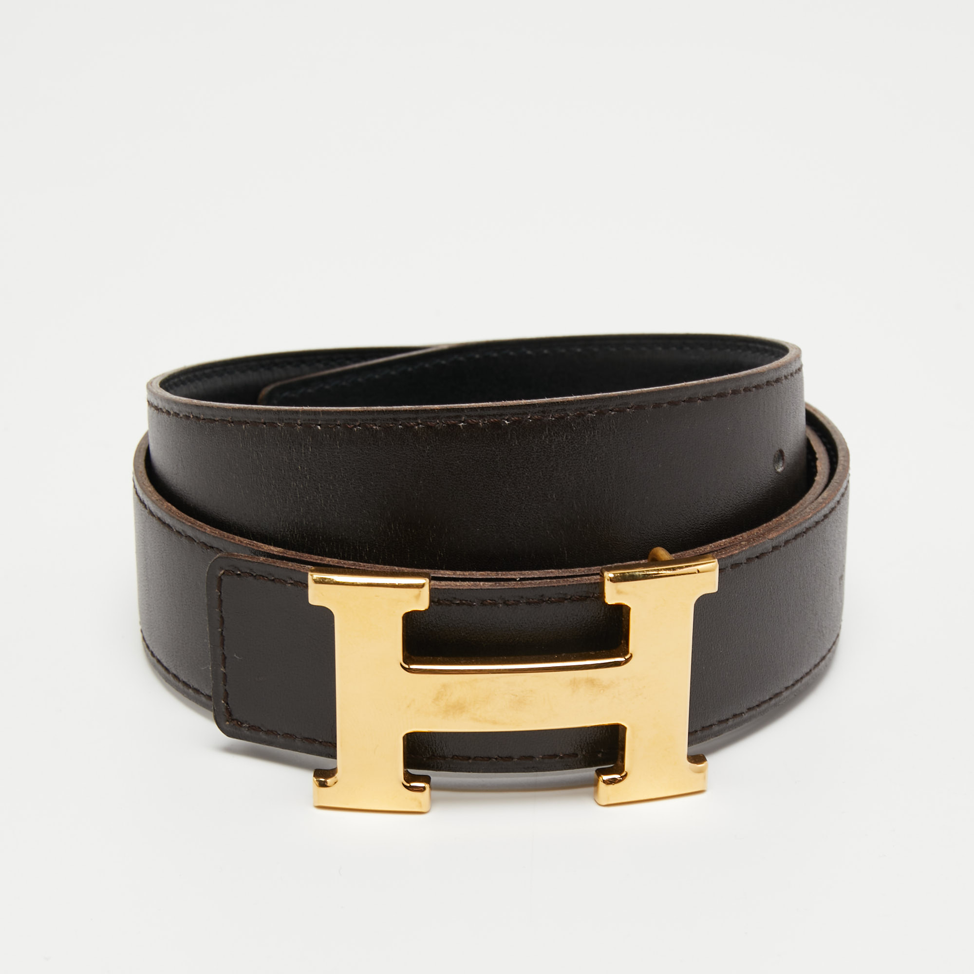 

Hermes Black/Chocolat Box Leather H Buckle Reversible Belt