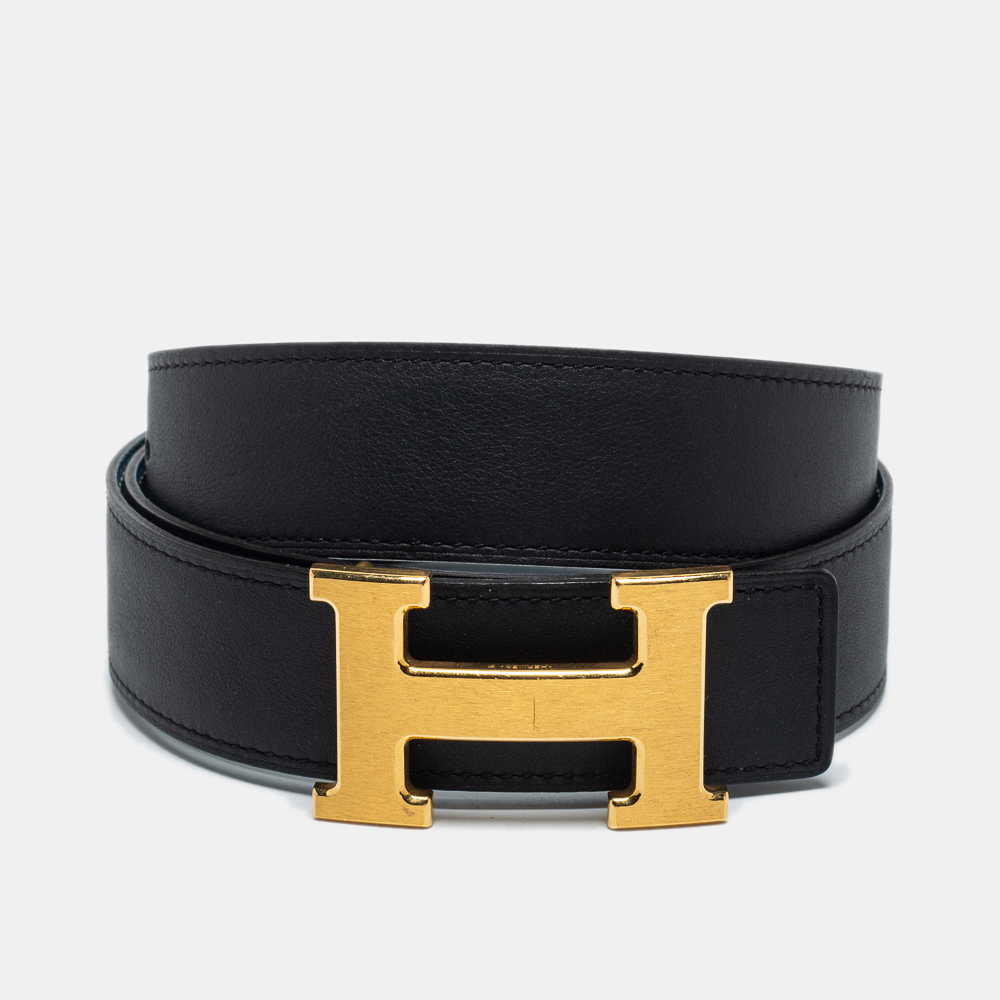 

Hermes Blue Jean/Black Swift and Epsom Leather H Buckle Reversible Belt