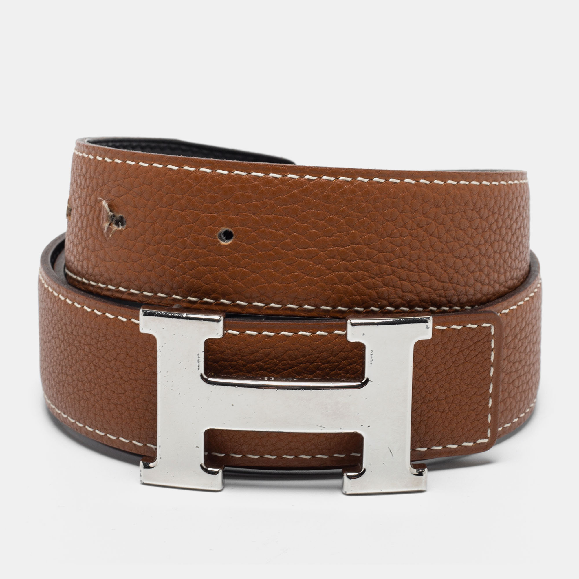 

Hermes Black/Gold Togo and Box Leather H Buckle Reversible Belt