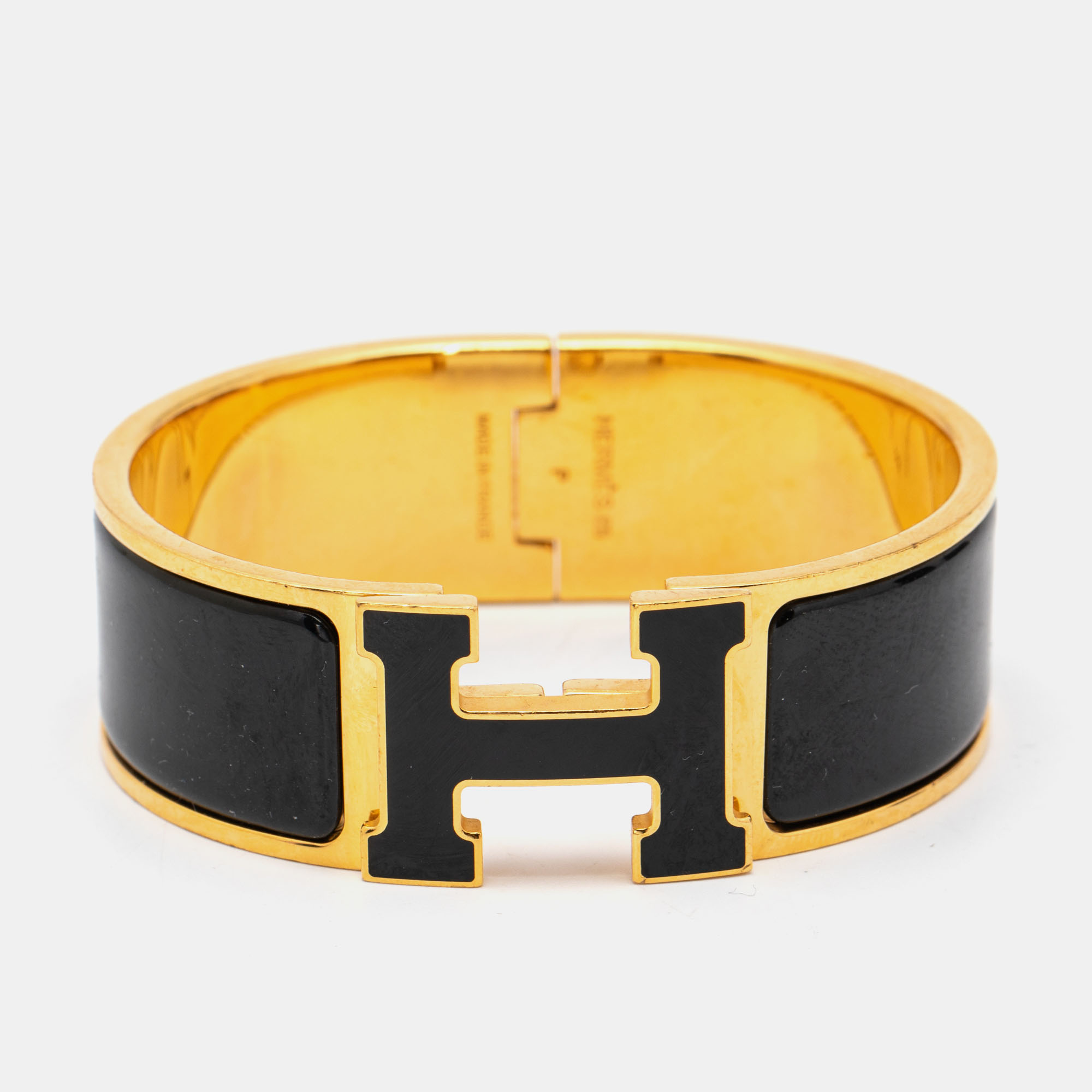 Hermes Clic Clac H Black Enamel Gold Plated Bangle Bracelet 