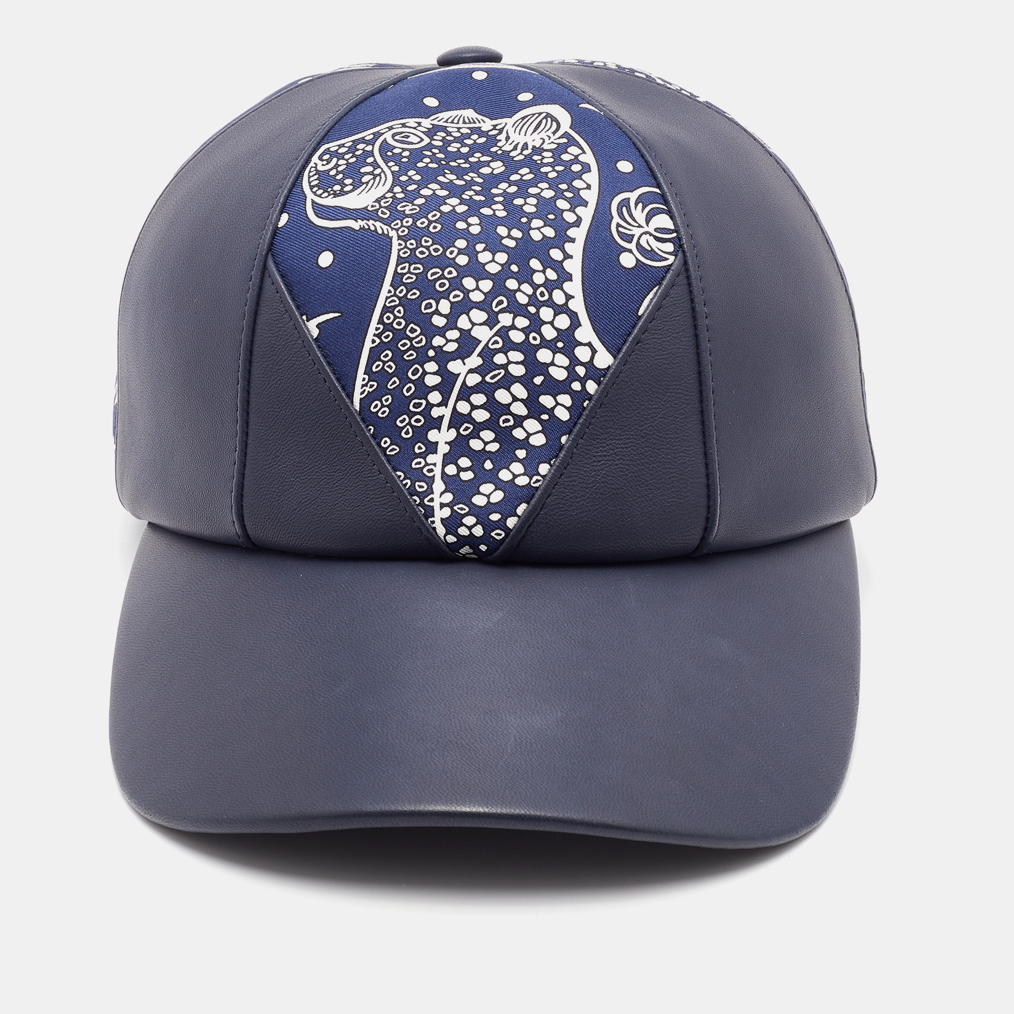 

Herms Navy Blue Leather & Thelma Les Leopards Silk Baseball Cap 57