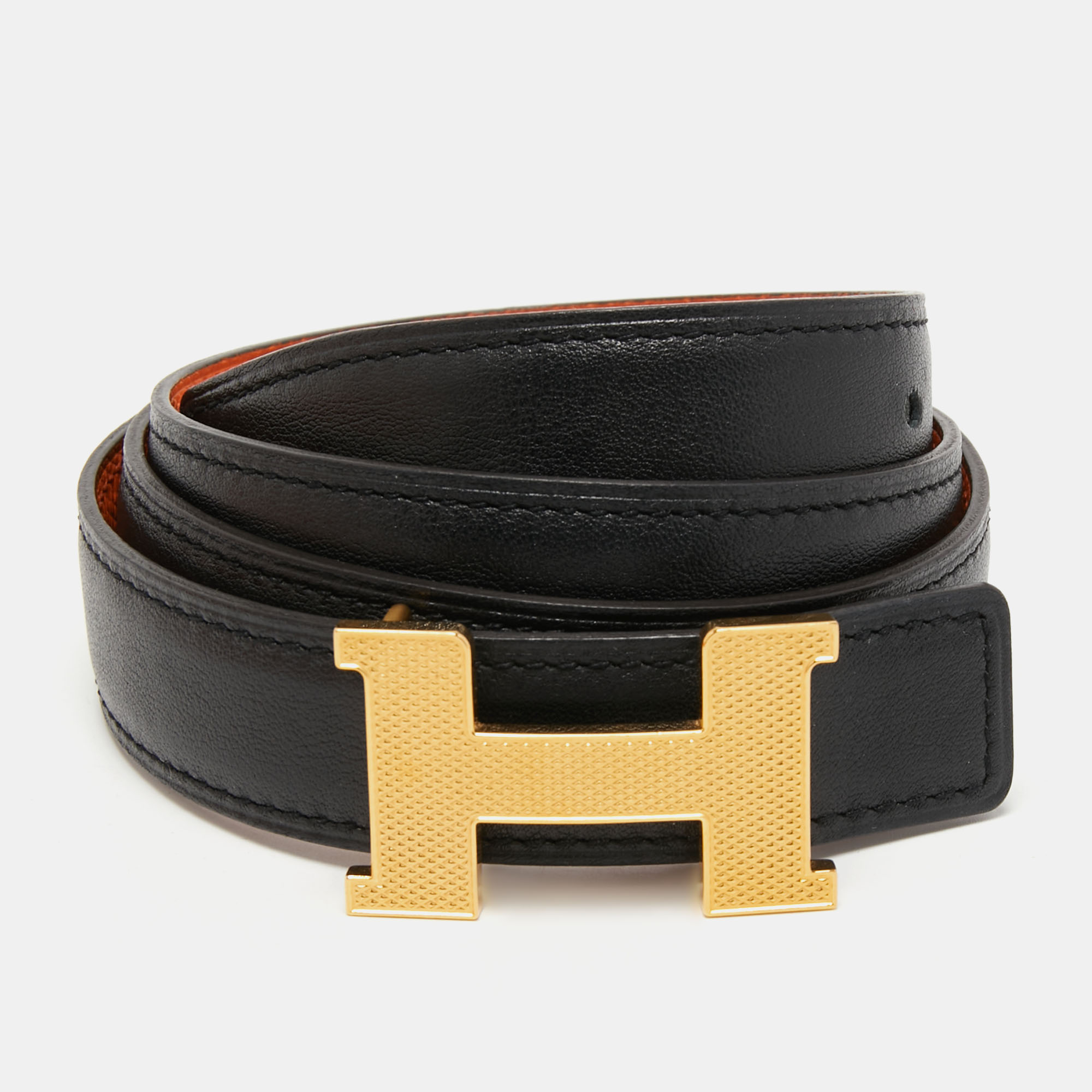 

Hermes Orange/Black Epsom and Swift Leather Guillochee Constance Reversible Belt