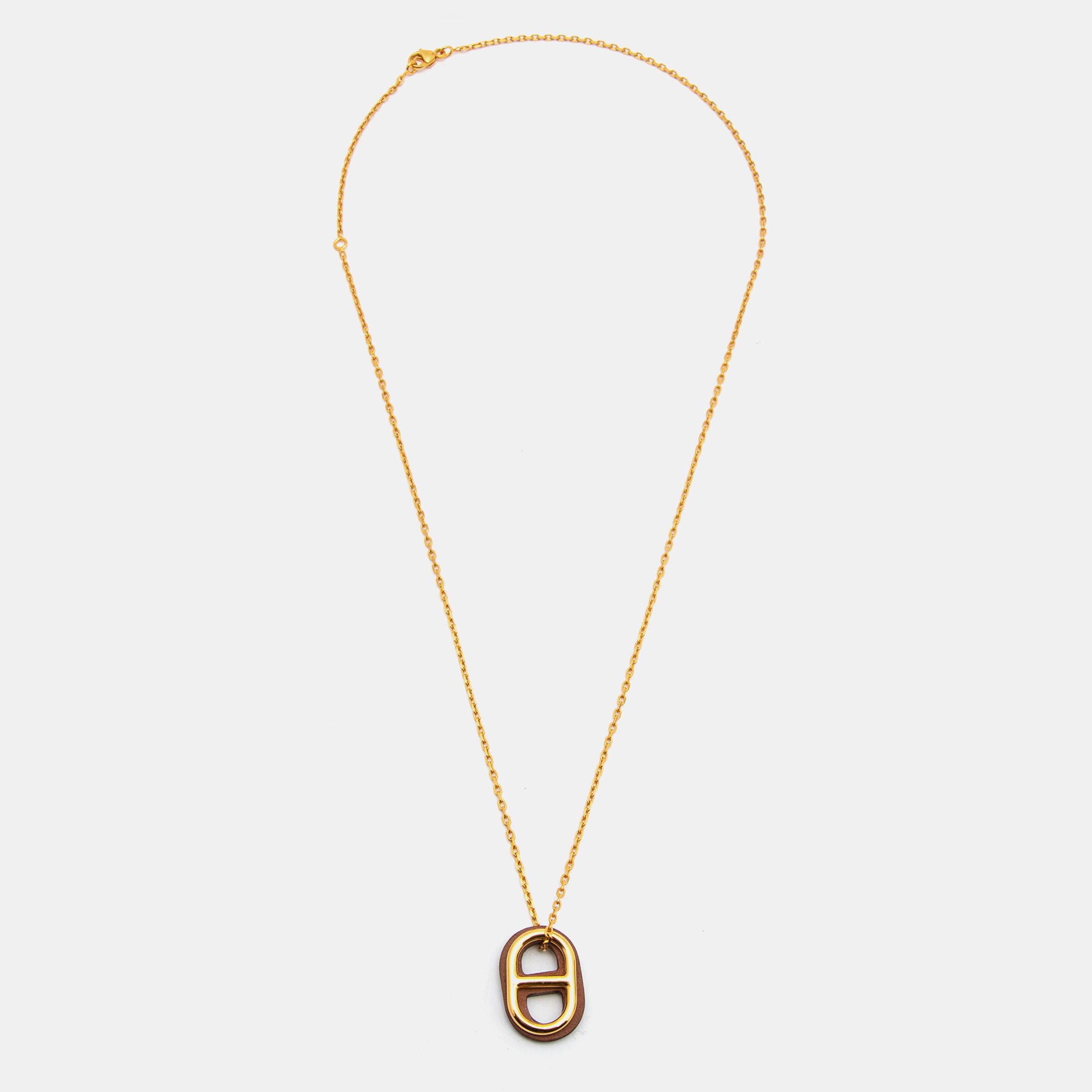 

Hermes O'Maillon Leather Gold Tone Pendant Necklace