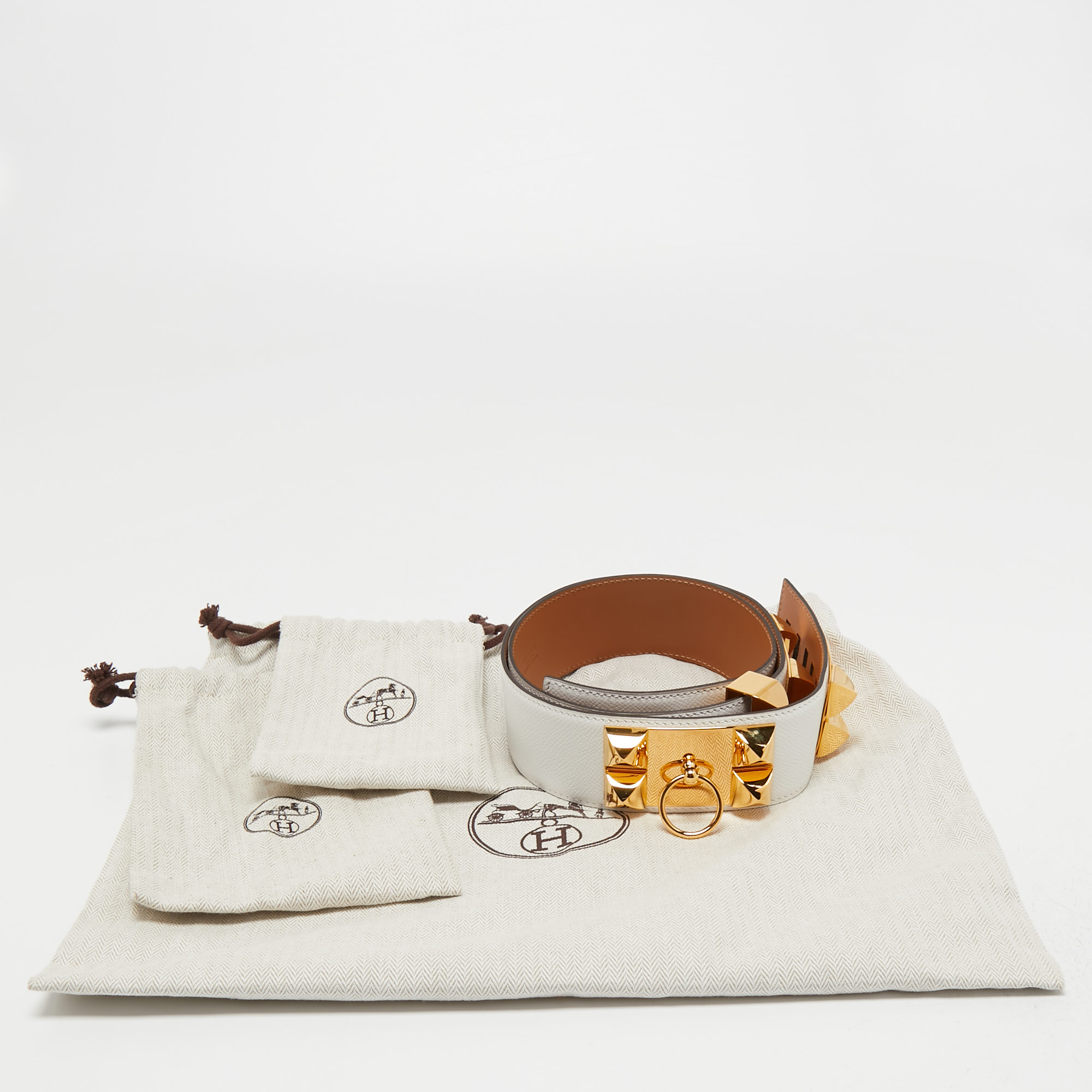 Hermes White/Natural Epsom and Swift Leather Collier de Chien Medor Belt  90CM Hermes