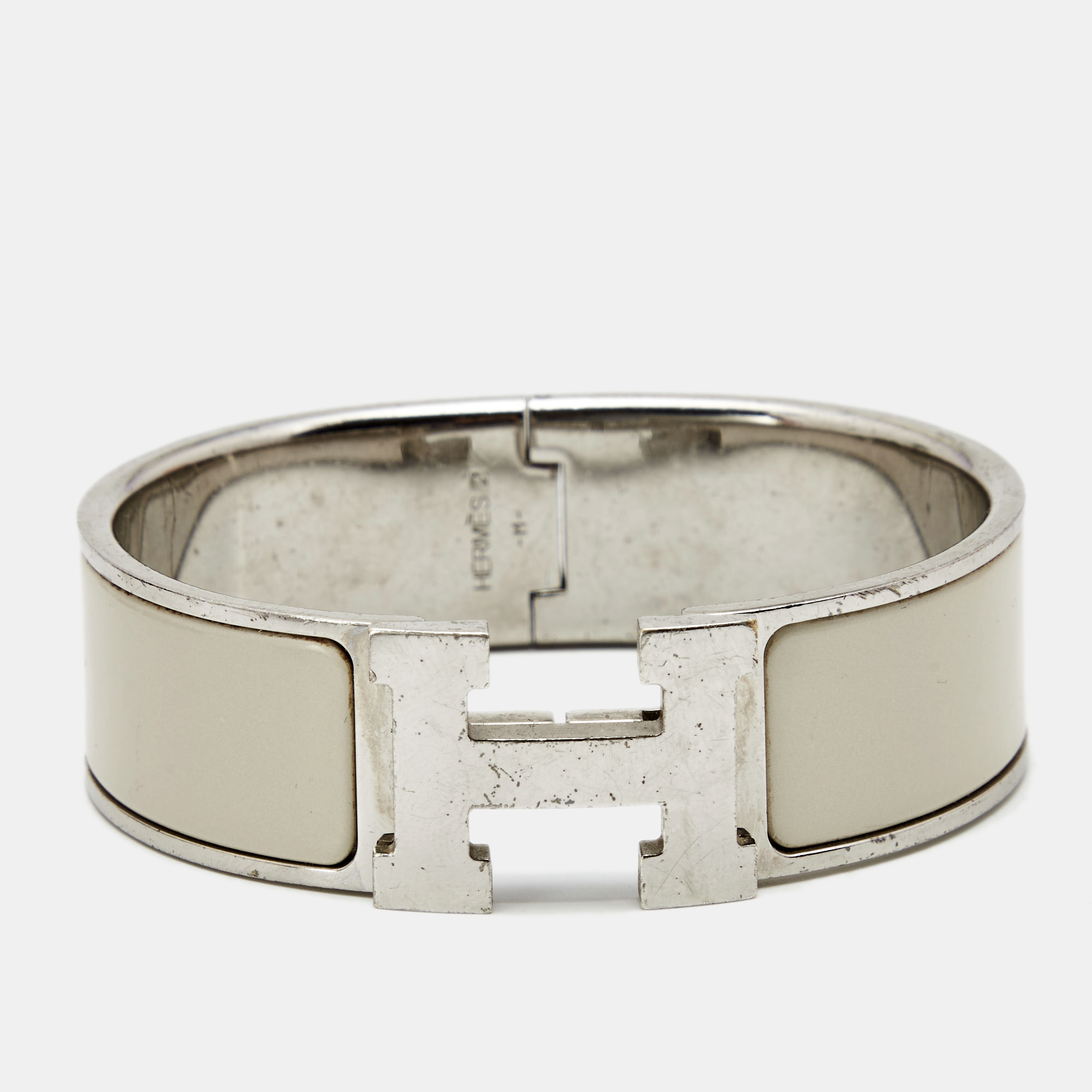 Pre Owned Hermes Clic Clac H Enamel Palladium Plated Wide Bracelet