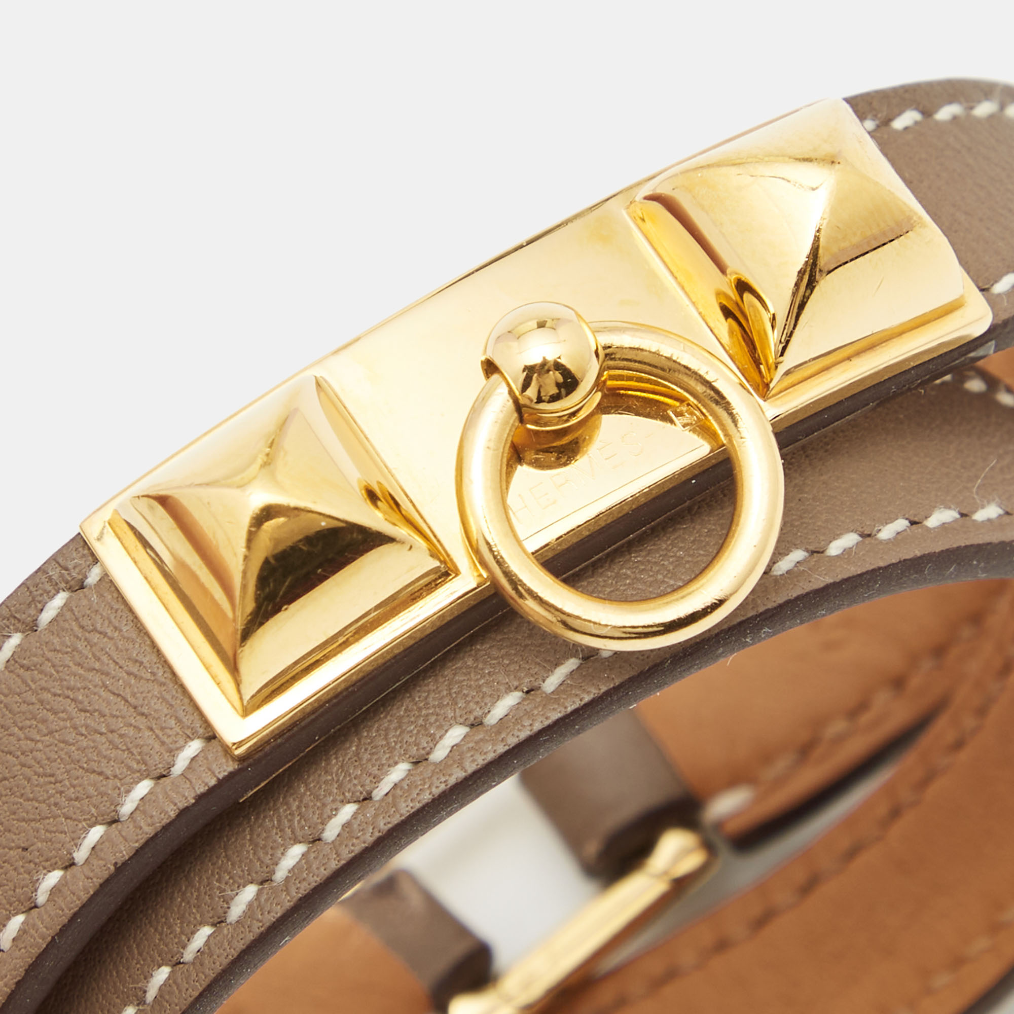 

Hermès Étoupe Leather Gold Plated Rivale Double Tour Bracelet, Brown