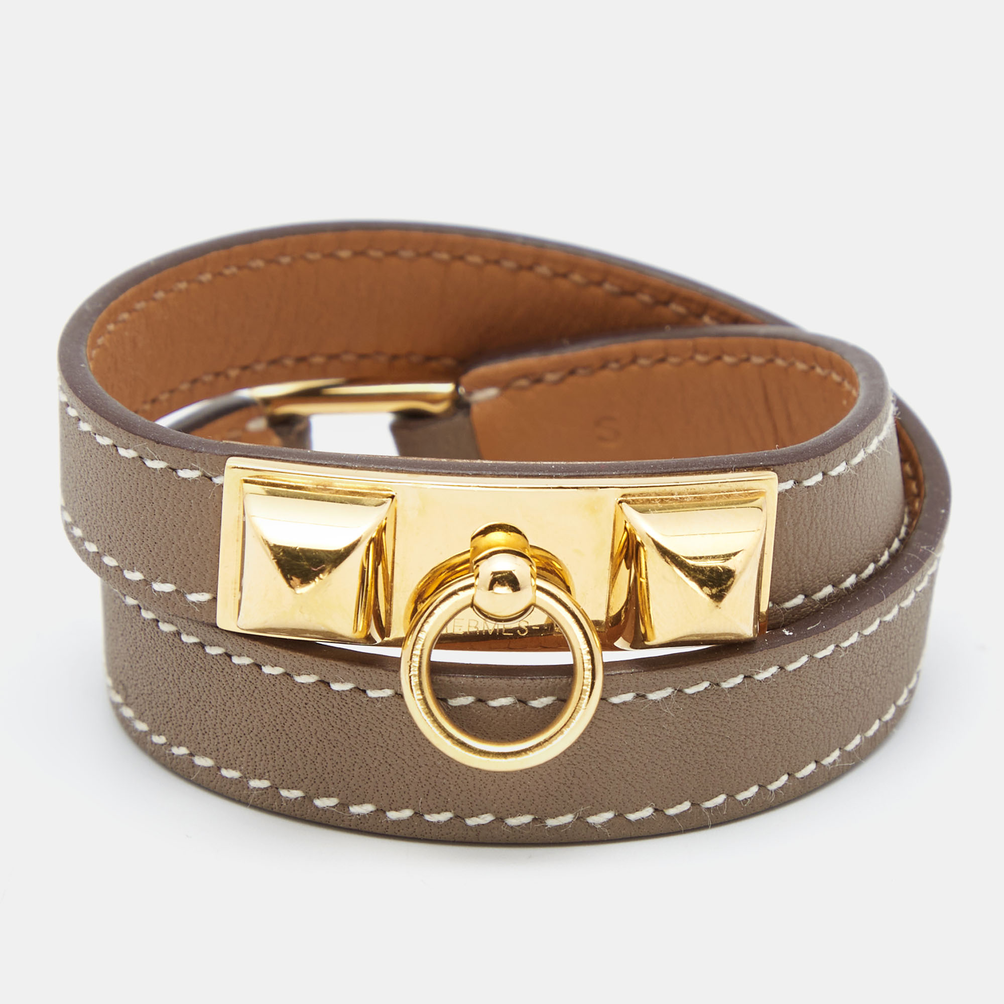 Hermès Étoupe Leather Gold Plated Rivale Double Tour Bracelet S