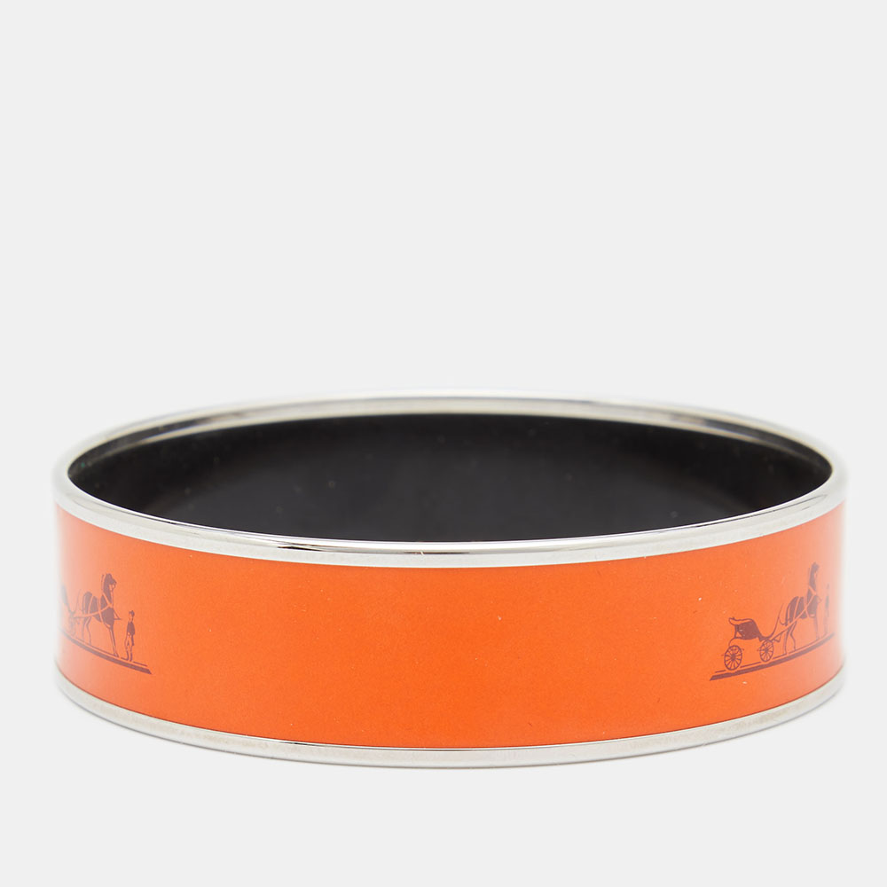 

Hermes Orange Enamel Palladium Plated Caleche Bangle Bracelet