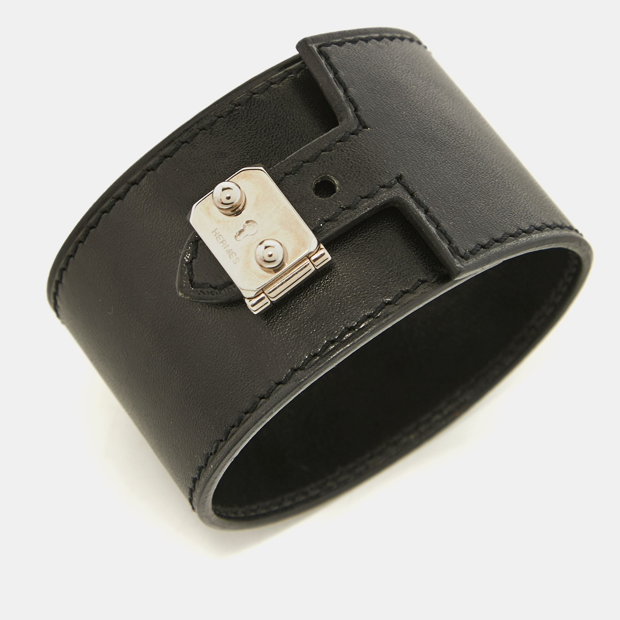 

Hermes Black Leather Chamonix Vegas Lock Wide Cuff Bracelet