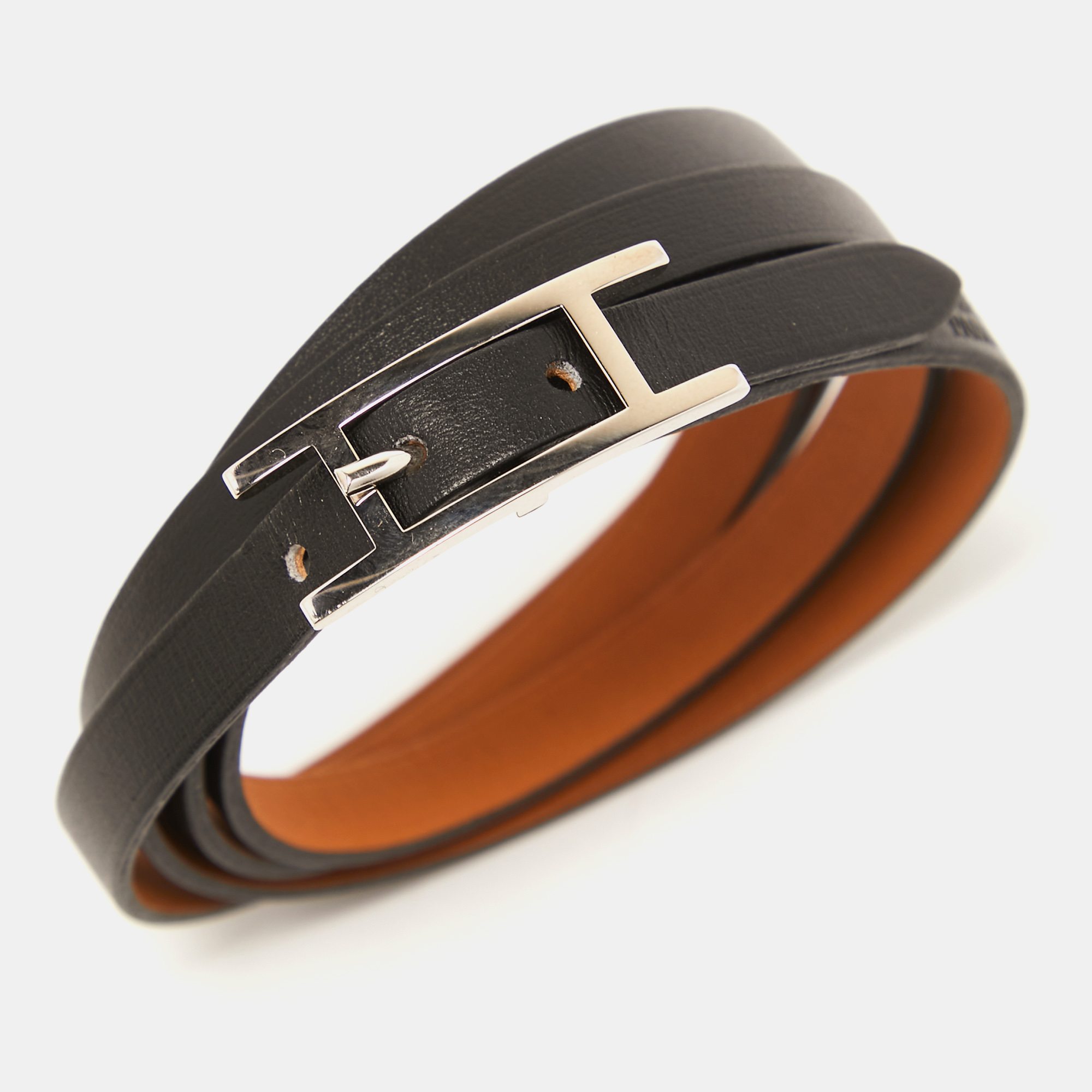 

Hermes Black Leather Palladium Plated Hapi 4 Quad Tour Bracelet