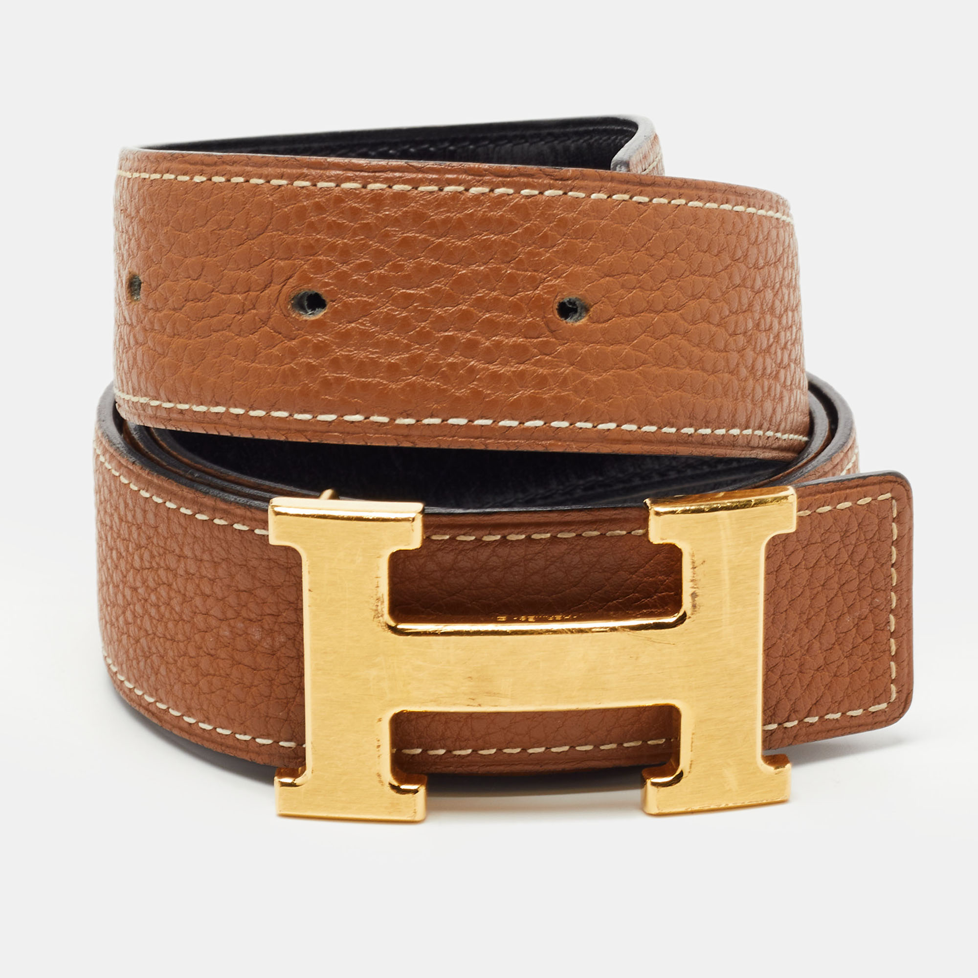 

Hermes Black/Gold Chamonix/Togo Leather H Buckle Reversible Belt