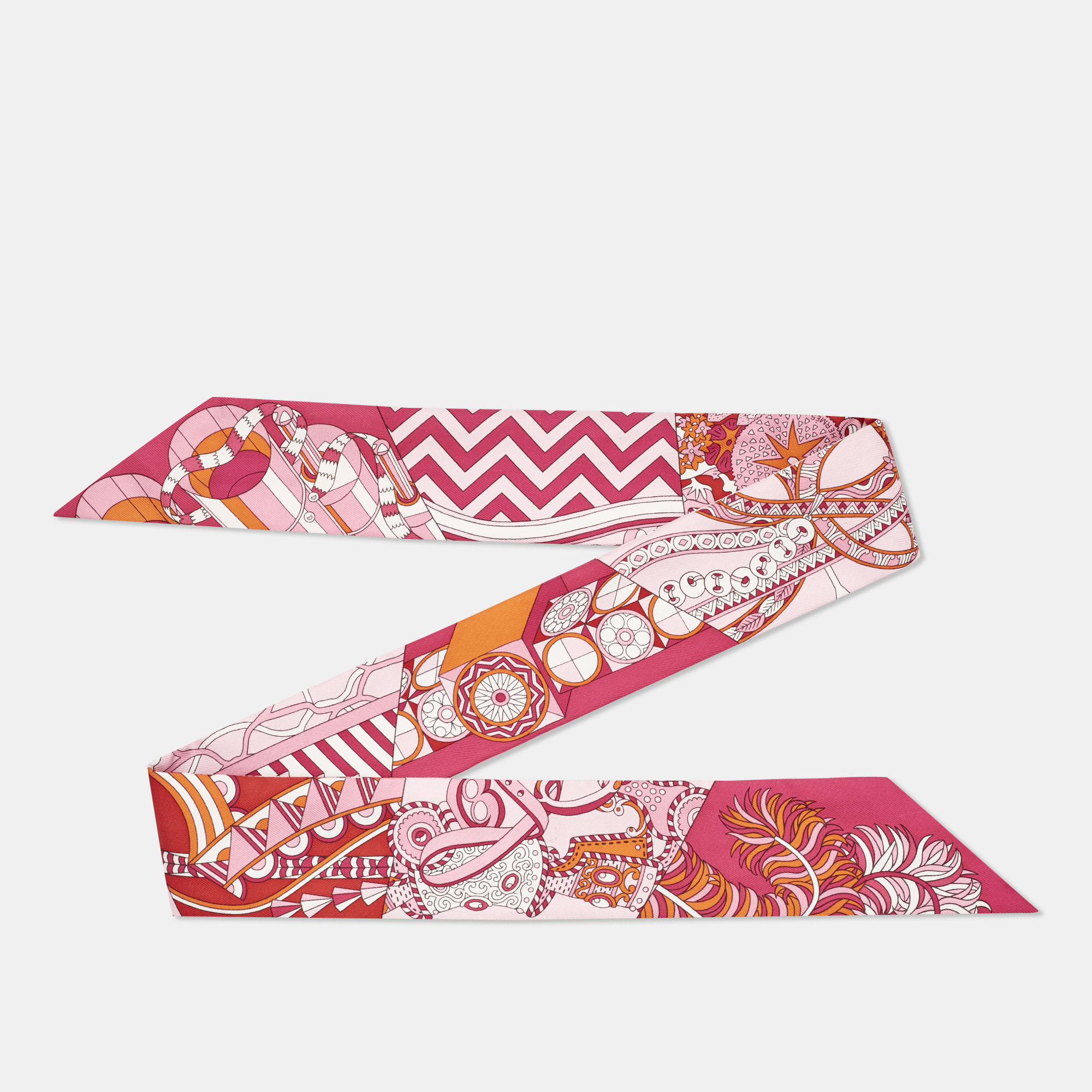 

Hermes Rose Pink De l'Ombrelle Aux Duels Silk Twilly Scarf