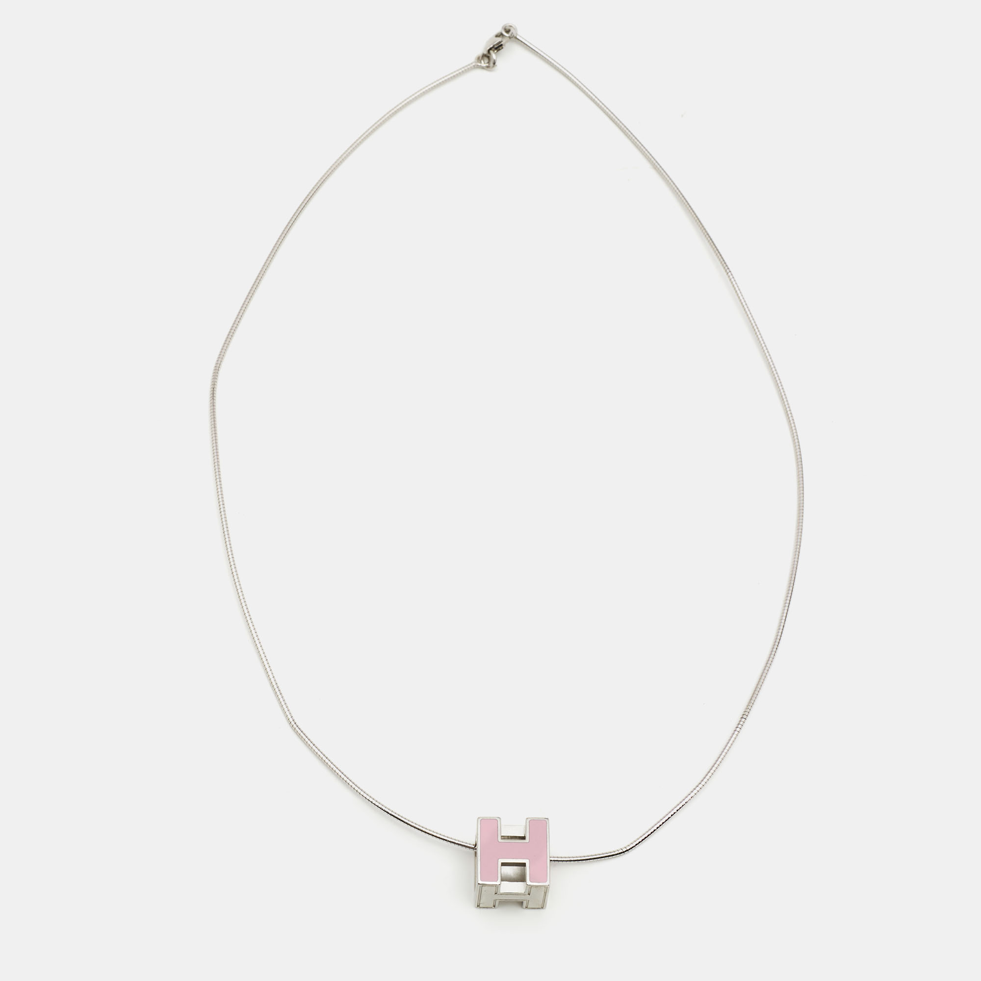 

Hermes Silver/Pink Enamel Cage d'H Cube Pendant Necklace